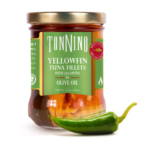 Premium Tonnino Yellowfin Tuna Fillets in Olive Oil with Jalapeno - Low Calorie, Gluten Free, Keto Friendly - 6.7 oz Jar (Pack of 6) - Perfect for Salads, Sandwiches & Healthy Snacks