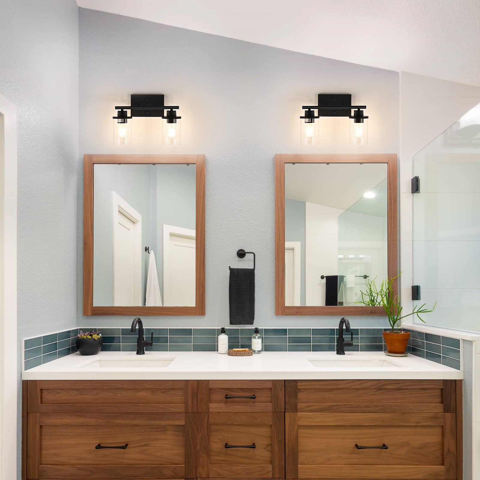 EDISHINE 2-Light Bathroom Vanity Light Fixture with Clear Glass Shades, Matte Black Vintage Wall Sconce - E26 Base (Bulbs Not Included) - Perfect for Bathroom, Bedroom, Living Room & Hallway Lighting