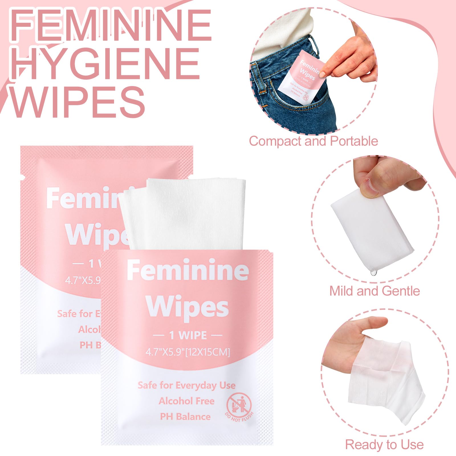 300 Count Unscented Feminine Wipes - Individually Wrapped Travel Size, pH Balanced Intimate Wipes for Women - Gentle Cleansing for Private Parts, Perfect for Travel, Gym, Daily Hygiene & On-the-Go Freshness