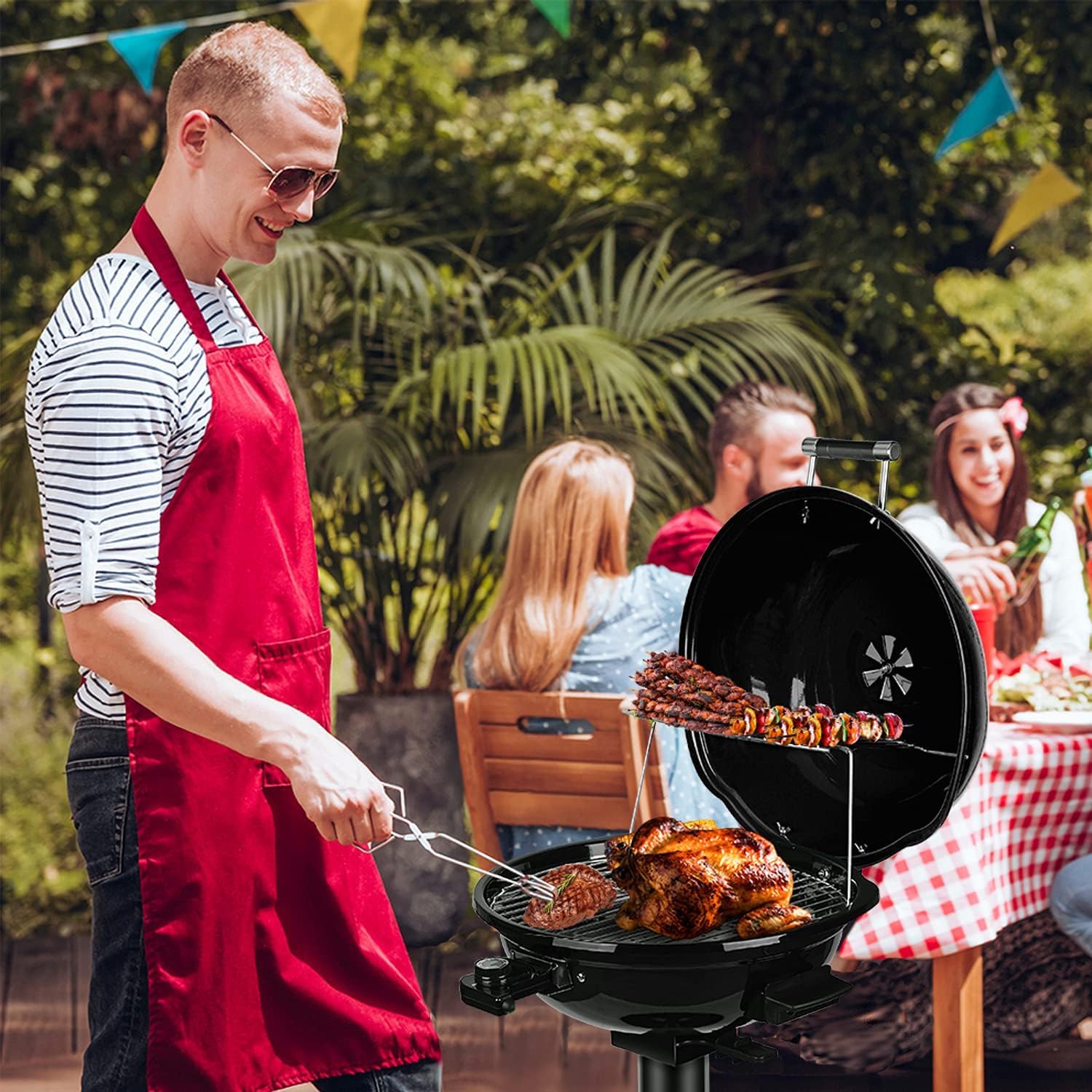 Techwood 1600W Electric Grill for Indoor & Outdoor Use - Portable BBQ Grill with Removable Stand - Perfect for Backyard, Camping & Patio Cooking (Black)