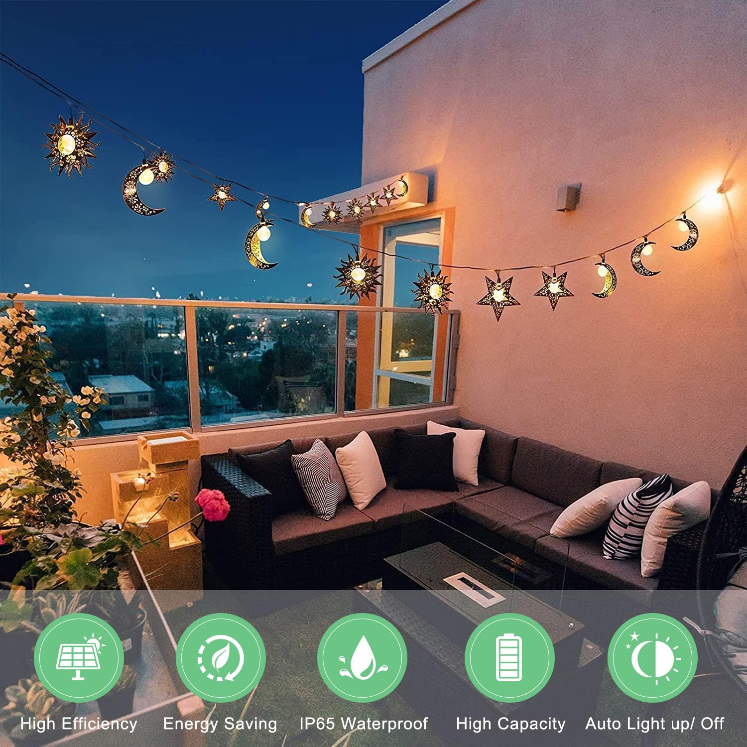 Solar Powered Outdoor String Lights - 13Ft 153 LED Fairy Lights with Star Moon Sun Shapes for Garden, Patio, Yard Decor | Waterproof & Weatherproof | Perfect for Weddings, Parties, Mother's Day Gifts & Nighttime Ambiance (Warm White)