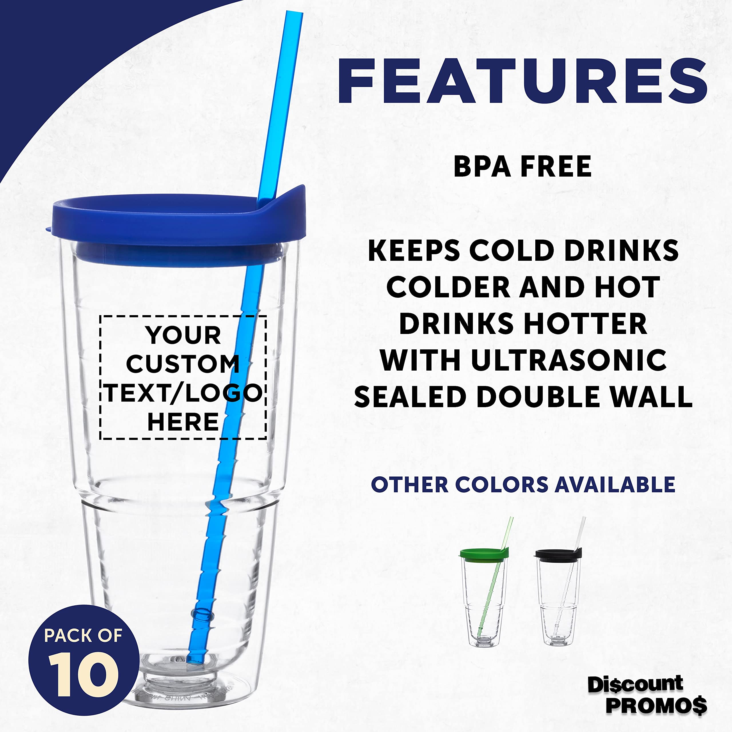 Custom 24oz Double Wall Acrylic Tumblers with Straws - Set of 10 Bulk Pack - Personalized Hot & Cold Drinkware for Coffee, Smoothies & Iced Beverages - Promotional Gift & Party Supplies - Blue