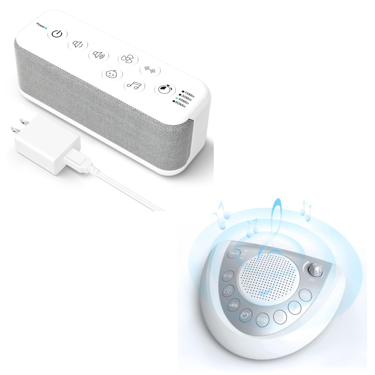 Rechargeable White Noise Machine for Adults & Portable Sound Soother - Perfect for Sleeping, Travel, and Baby Nursery (White & Silver)