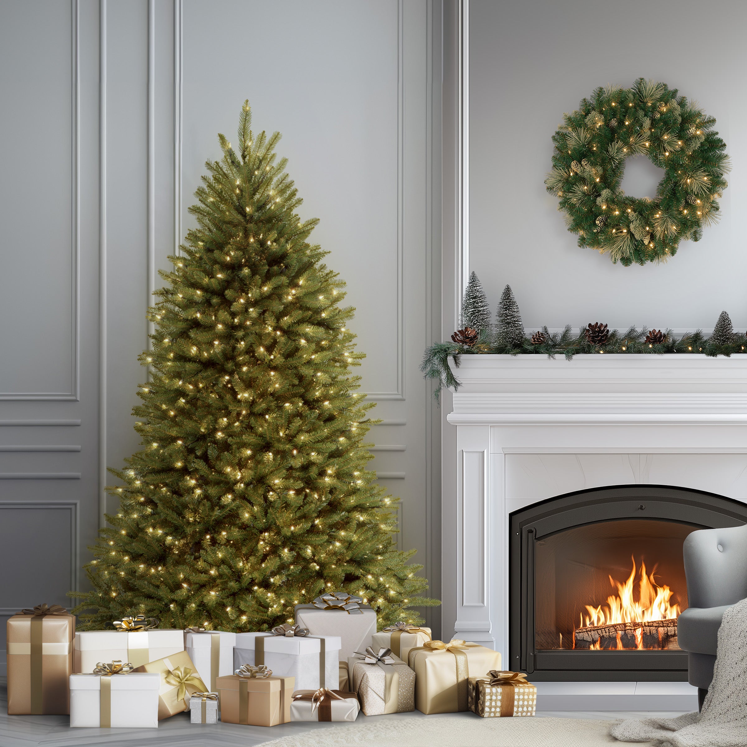 6.5 ft Pre-Lit Dunhill Fir Artificial Christmas Tree with PowerConnect Clear Lights - Perfect for Home, Office, and Holiday Decorations