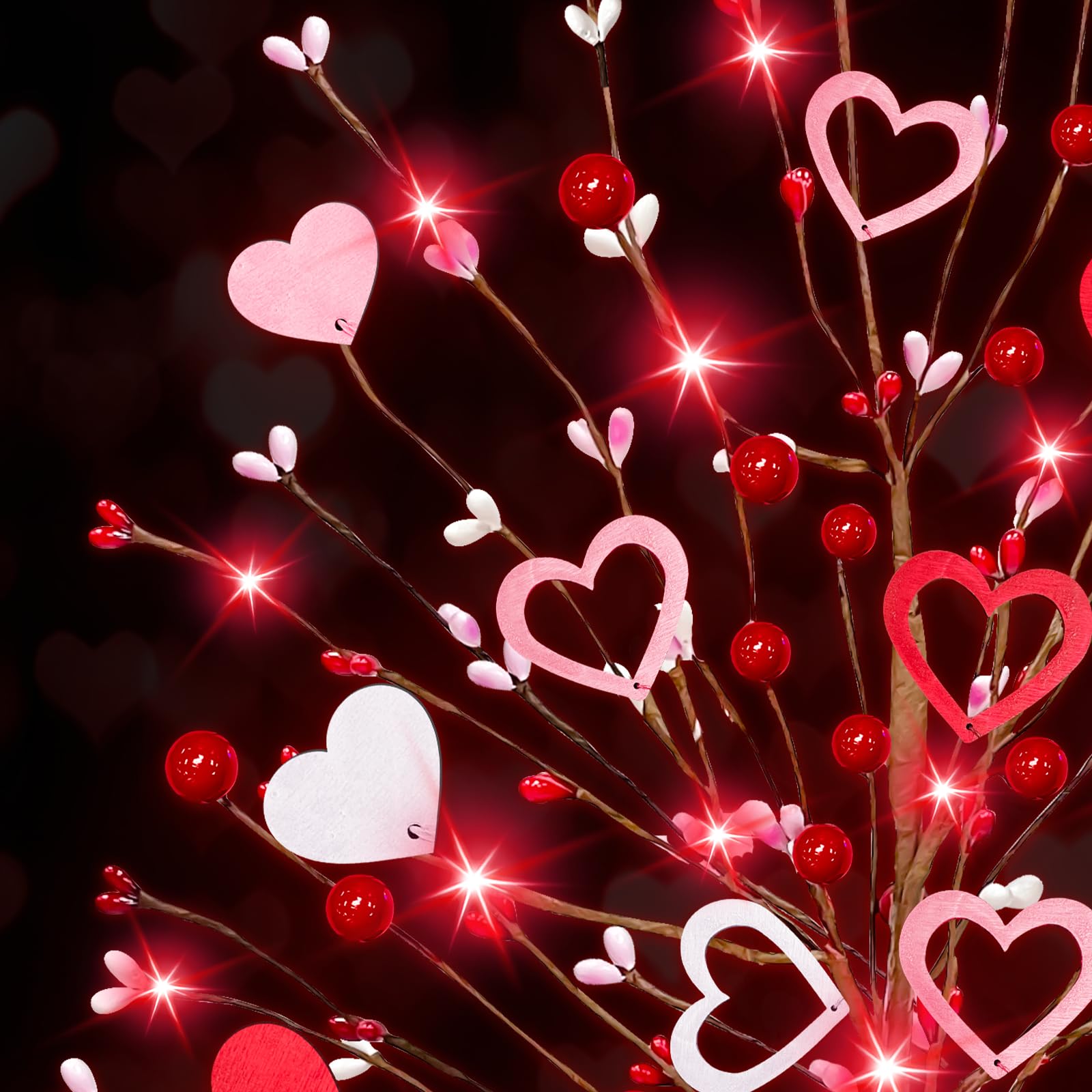TURNMEON 2 Pack Valentine's Day Tree Table Decor with 20 Red LED Lights (Battery Operated) - 16 Inch Artificial Heart Tree with 14 Red/Pink Hearts & 32 Red Berries - Romantic Home Decor for Bedroom, Wedding, Party & Indoor Festive Decoration