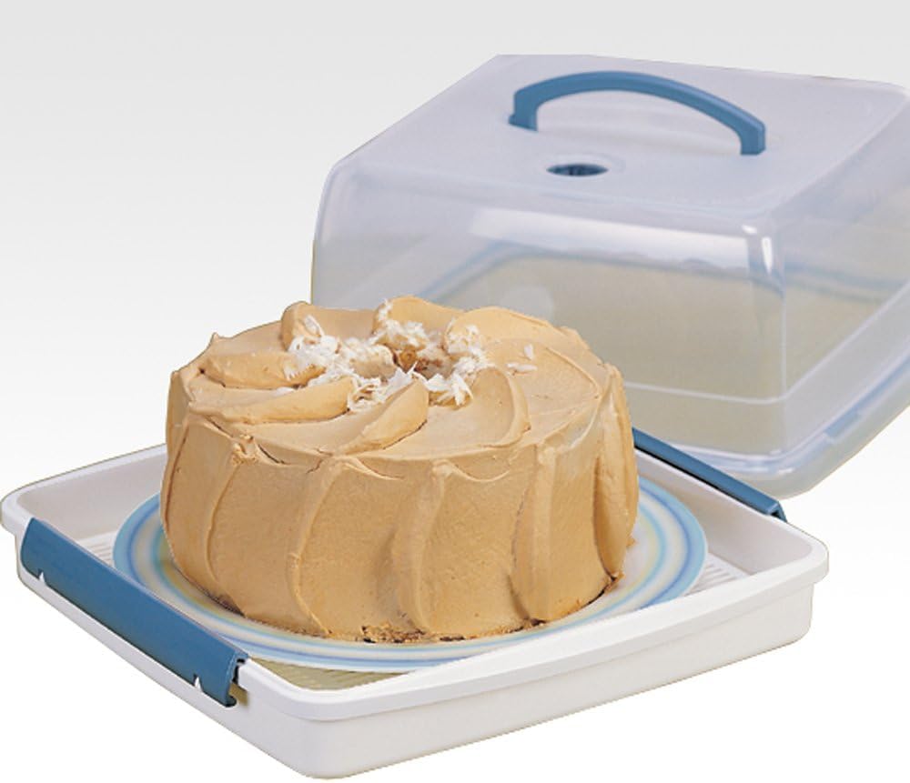LocknLock Airtight Square Cake Carrier with Handle - 12.6L Clear/Blue Food Storage Container with 4-Sided Lockable Lid | Perfect for Birthday Parties, Picnics & Bakery Storage