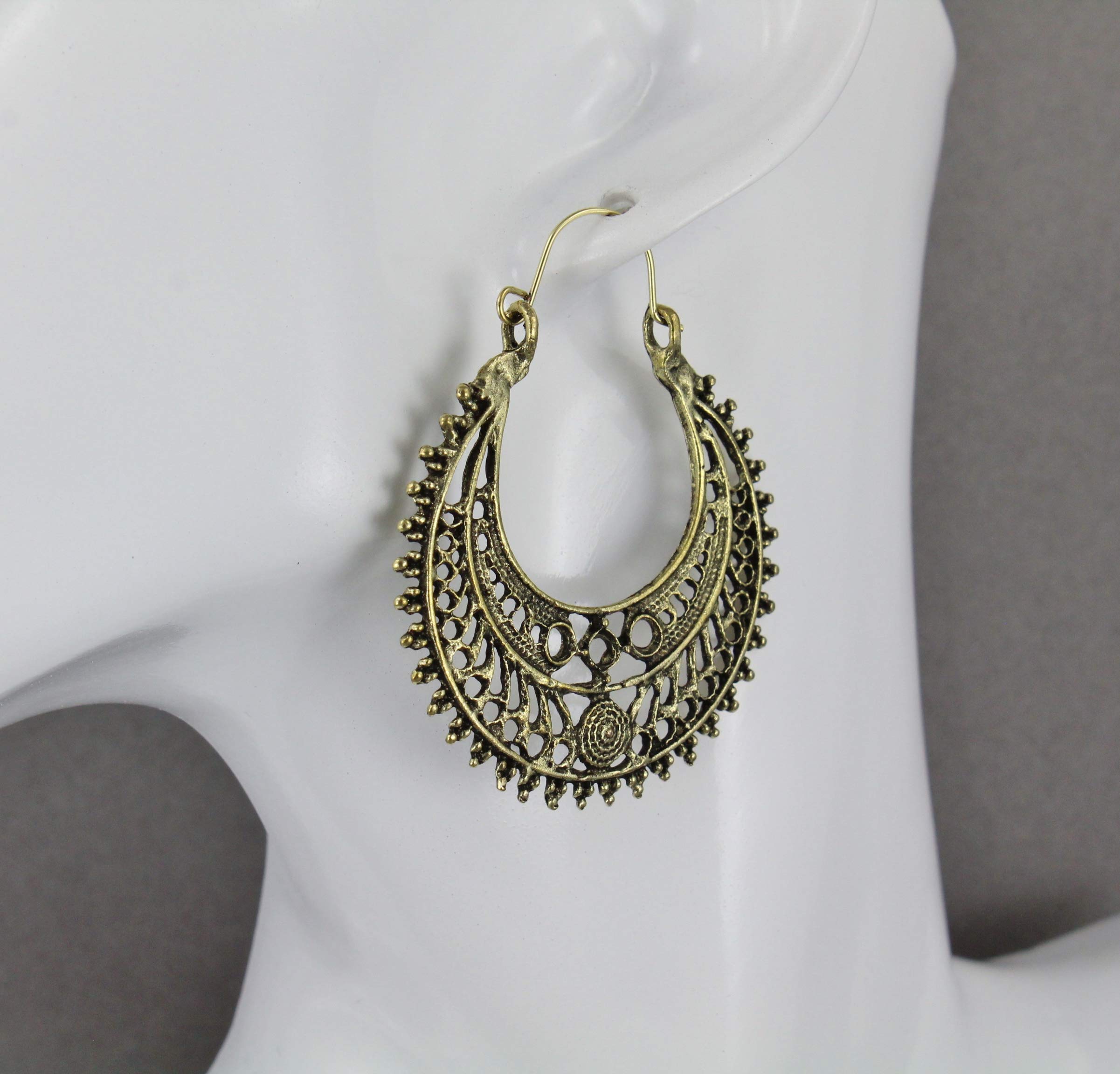 Antique Silver Gold Hoop Earrings with Filigree Medallion - 1 7/8