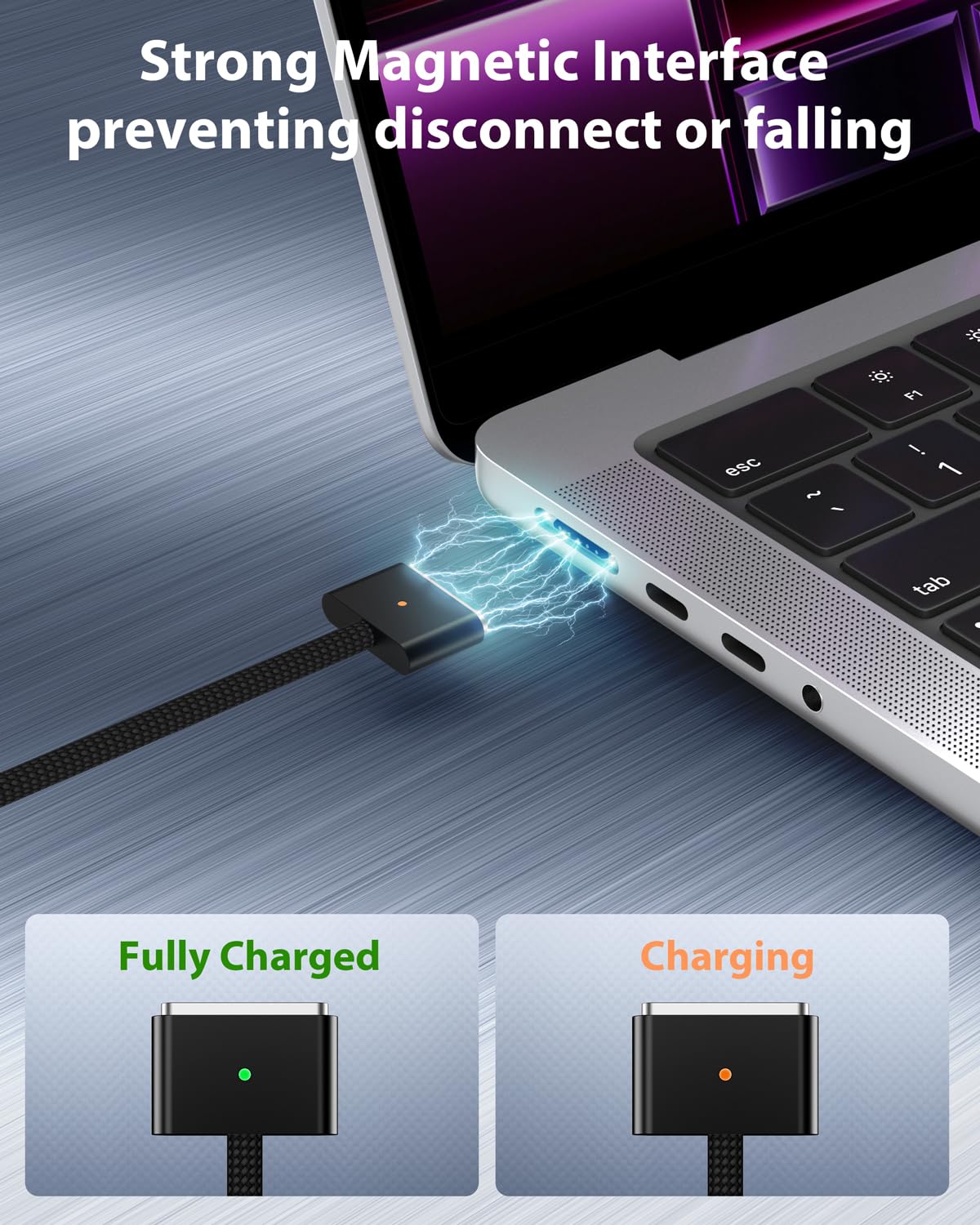140W USB-C to Magnetic 3 Fast Charging Cable - Compatible with MacBook Pro 14/16-inch (2021/2023), MacBook Air 13/15-inch (2023/2024) - 6ft Nylon Braided Cable for Home, Office & Travel Charging