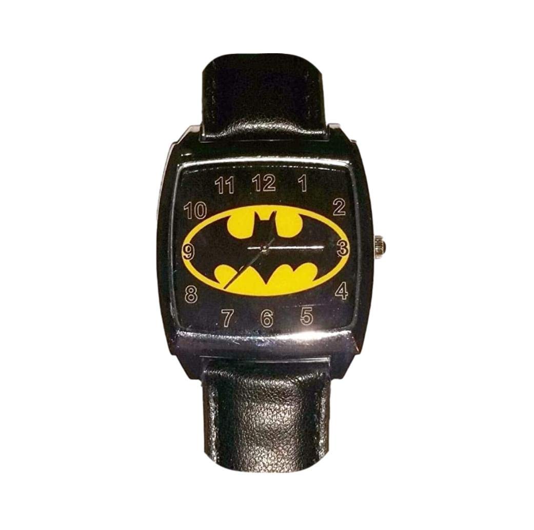 Superhero Bat Logo Square Face Genuine Leather Band Wrist Watch for Men - Stylish Casual & Dress Watch for Everyday Wear, Gifts, and Superhero Fans