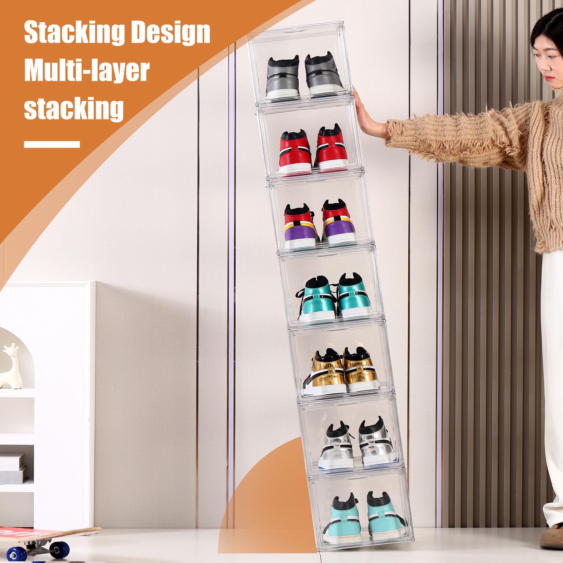 12 Pack Clear Acrylic Shoe Boxes - 360° Transparent Stackable Shoe Storage Containers for Sneakers & Heels (Fits Up to US Size 14) | Perfect for Closet Organization, Shoe Display & Retail Store Showcase