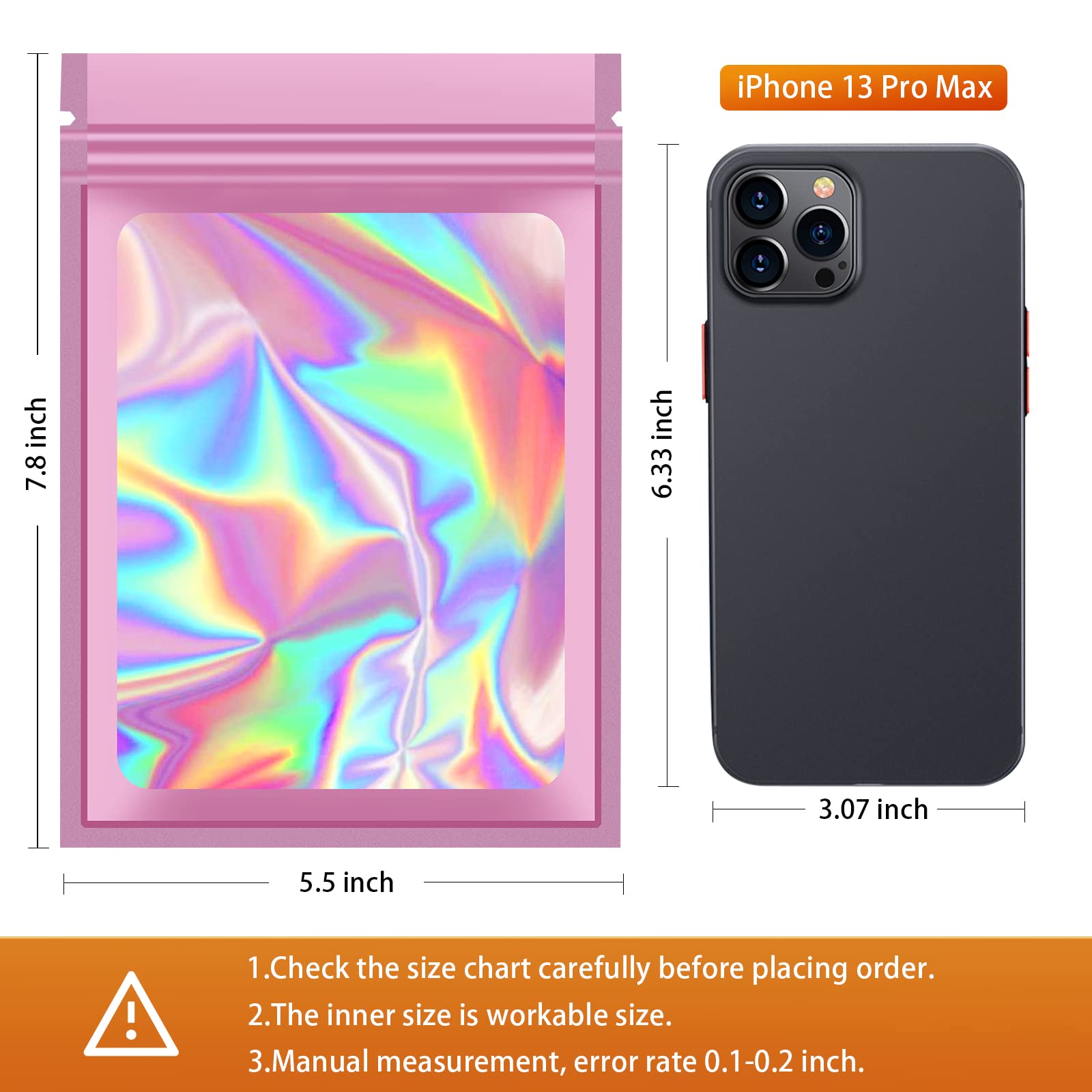 100-Pack Pink Holographic Resealable Mylar Bags 5.5x7.8 Inch - Smell Proof Food Storage Bags for Jewelry, Eyelash Extensions & Small Business Packaging | Perfect for Organizing Snacks, Crafts & Retail Products