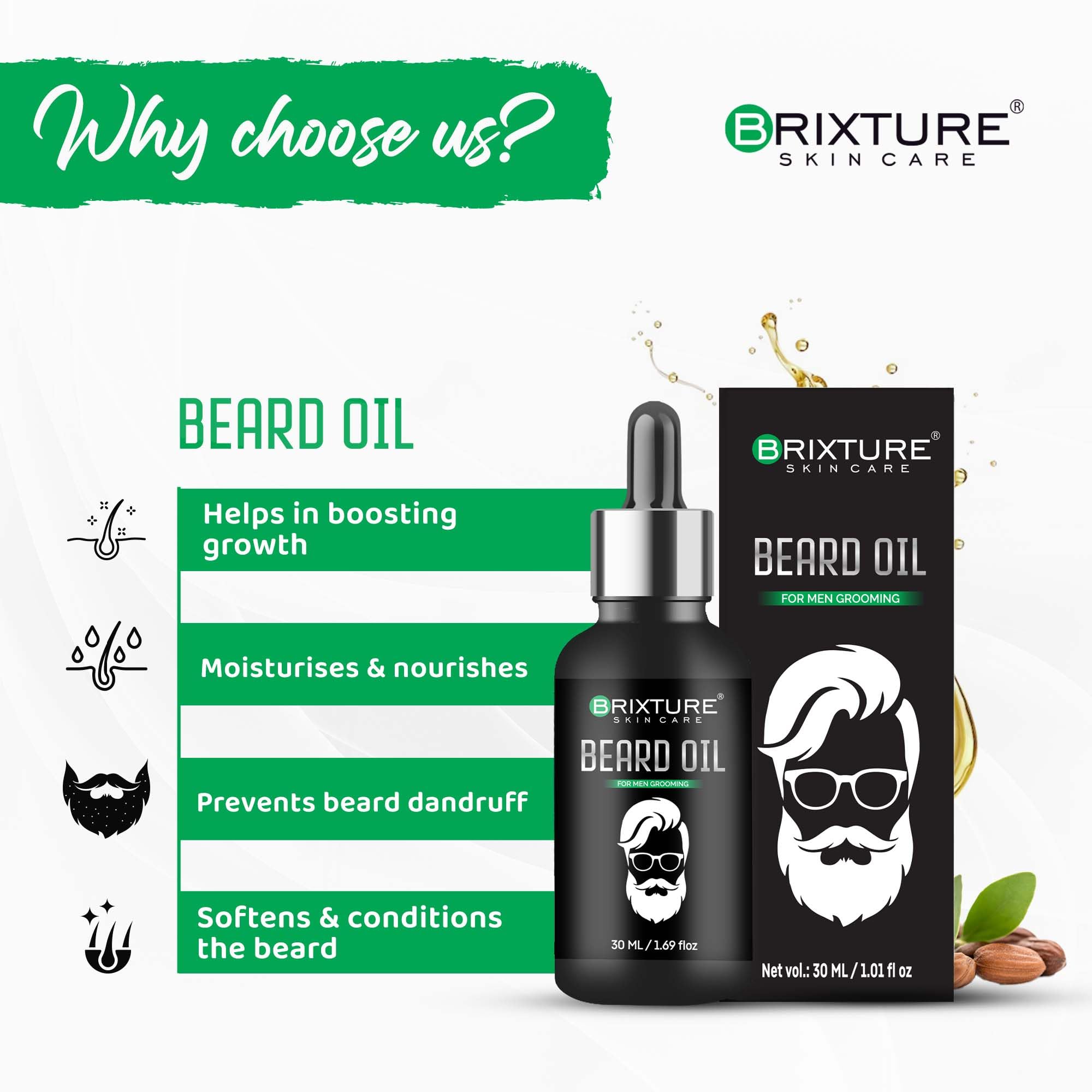 BRIXTURE 100% Natural Beard Growth Oil with Argan Oil - Promotes Thicker, Longer & Healthier Facial Hair - 30ml - Ideal for Men's Grooming & Daily Beard Care Routine
