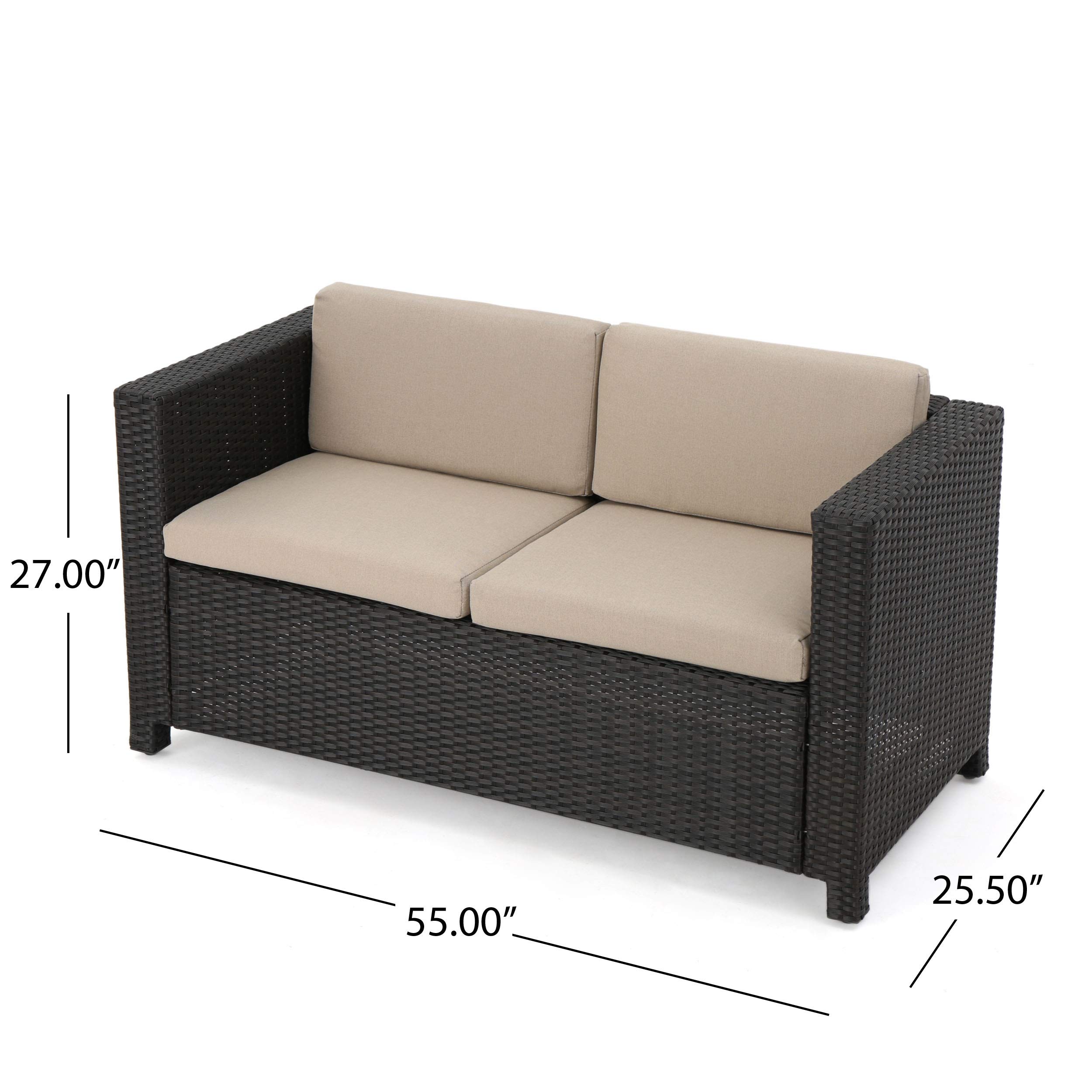 Outdoor 4-Seater Wicker Patio Furniture Set with Fire Pit - Dark Brown & Beige Rattan Conversation Set for Backyard, Garden, Poolside or Deck Relaxation