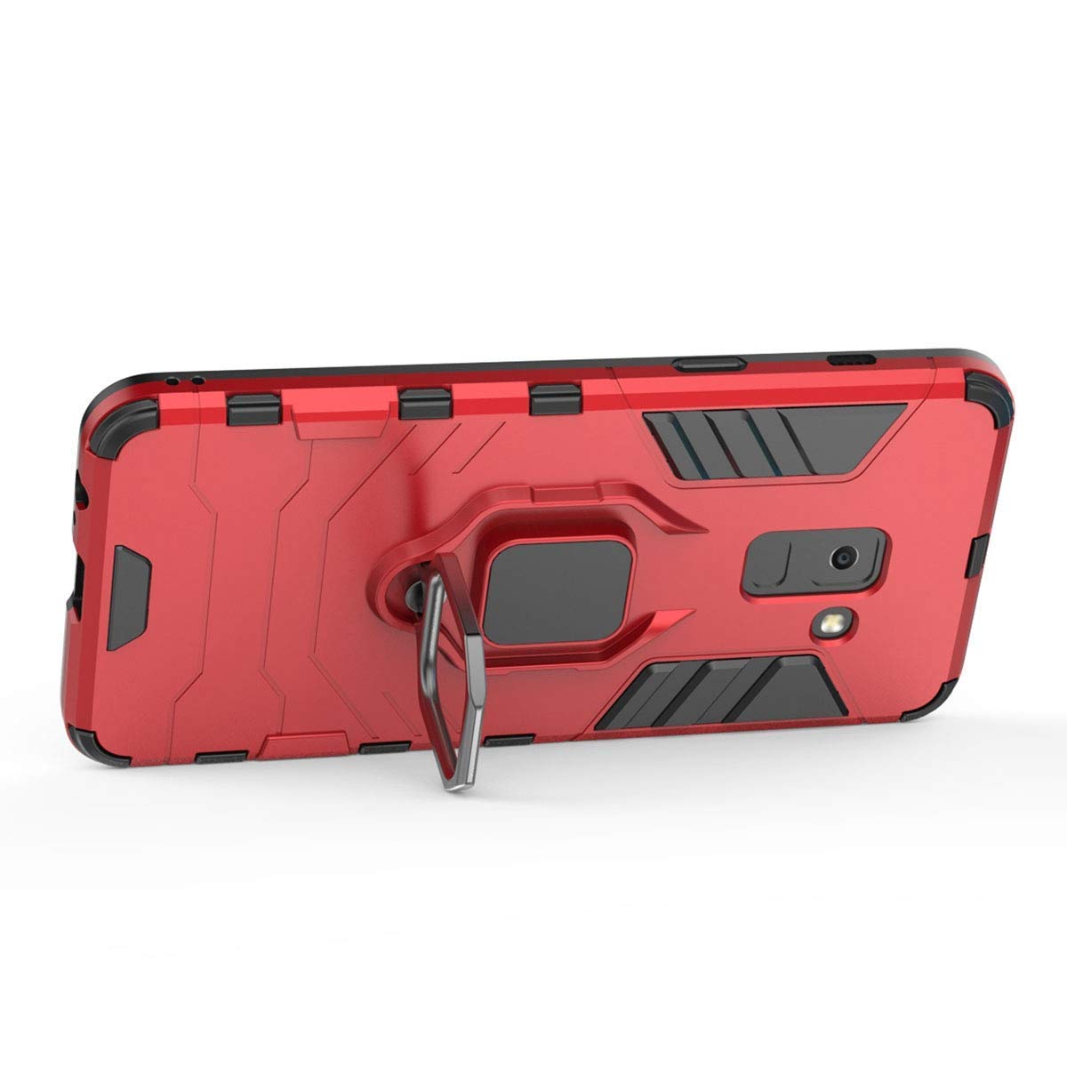 Shockproof Rugged Case for Samsung Galaxy A8 (2018) - Dual Layer Hard Bumper with Metal Ring Grip & Kickstand | Compatible with Magnetic Car Mount | Perfect for Outdoor Activities, Work & Travel (Red)