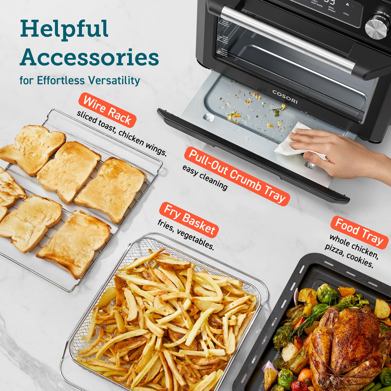 COSORI Smart 11-in-1 Air Fryer Toaster Oven Combo | 26QT Countertop Convection Oven for Baking, Roasting, Reheating, Broiling & Dehydrating | Includes 94 Recipes & 3 Accessories | Stainless Steel Black | Perfect for Small Kitchens, Dorms & Healthy Cooking