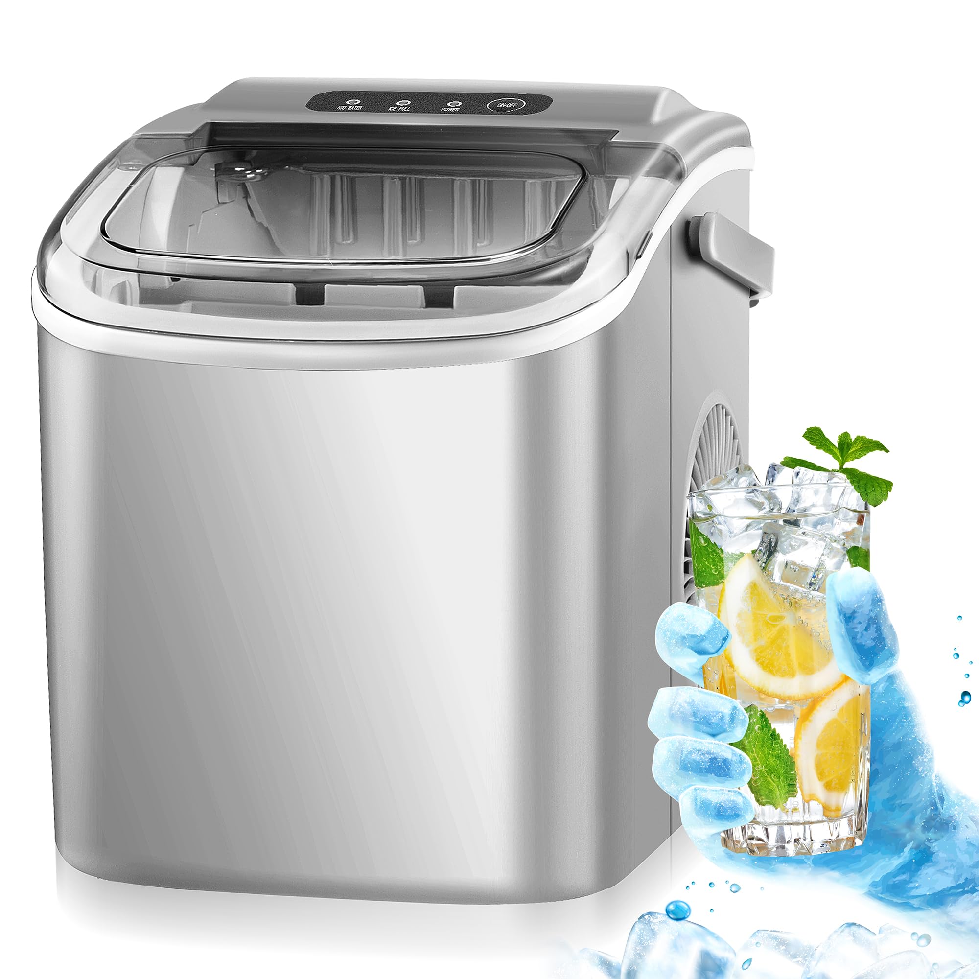 Portable Countertop Ice Maker - 26.6Lbs/Day, 9 Cubes in 8 Minutes, Self-Cleaning with Ice Scoop & Basket - Compact & Efficient for Home, Office, Kitchen (Grey) - Perfect for Parties, Drinks & Small Spaces