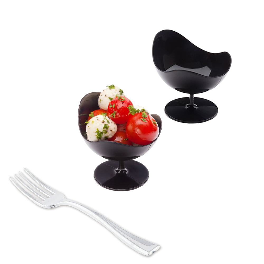 100 Pack 2 oz Round Black Plastic Ball Chairs & 100 Silver Plastic Mini Forks - Perfect for Party Decorations, Wedding Favors, and DIY Crafts