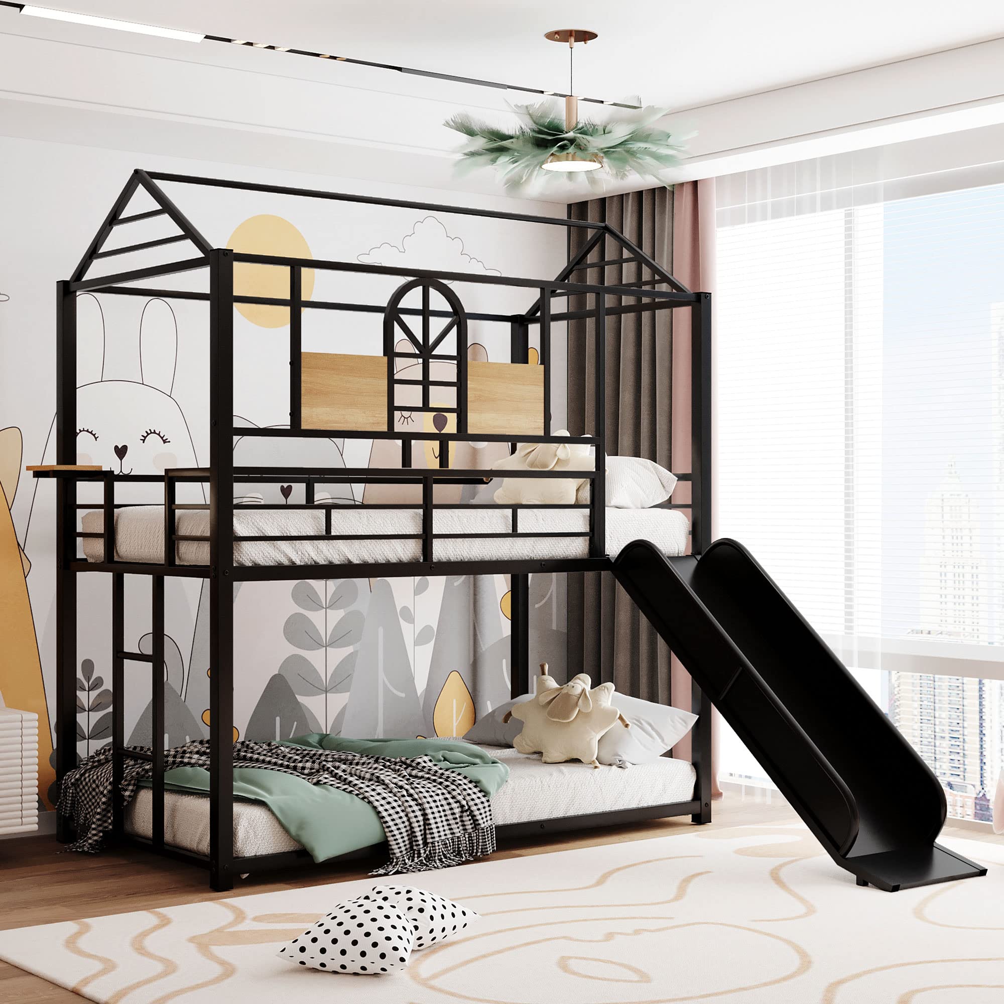 Twin Over Twin Metal Bunk Bed with Slide & Ladder - Kids Housebed for Toddlers & Children - Black Frame with Black Slide - Perfect for Bedrooms, Playrooms & Sleepovers - Can Be Decorated with Mosquito Nets