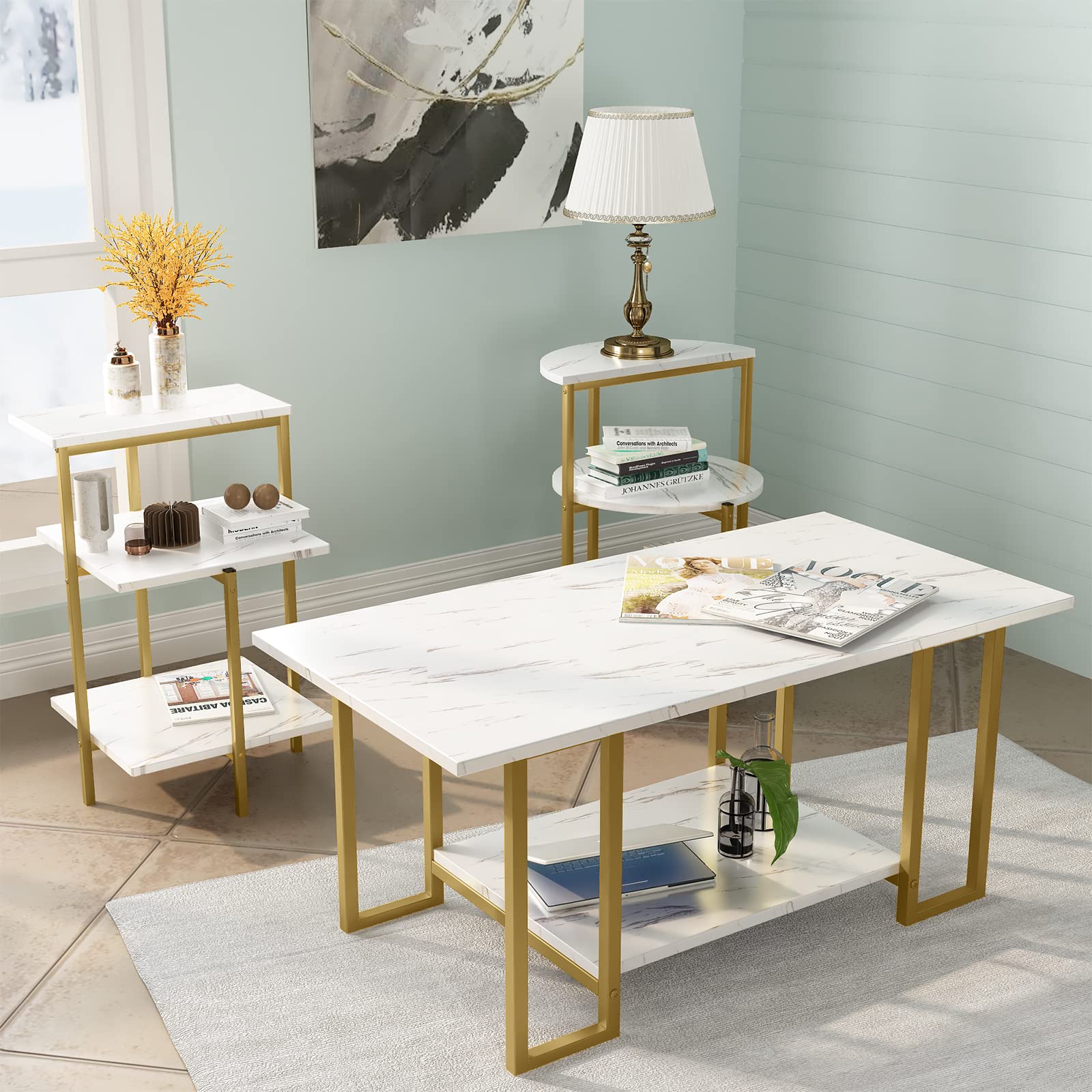 Lamerge 3-Piece Coffee Table Set - Rectangle Coffee Table & 2 Accent Tables with Faux Marble Tabletop, Multi-Tier Storage - White & Gold Living Room Furniture for Small Spaces, Apartments | Perfect for Modern Home Decor, Coffee Time & Living Room Organization (LCTS-wg)