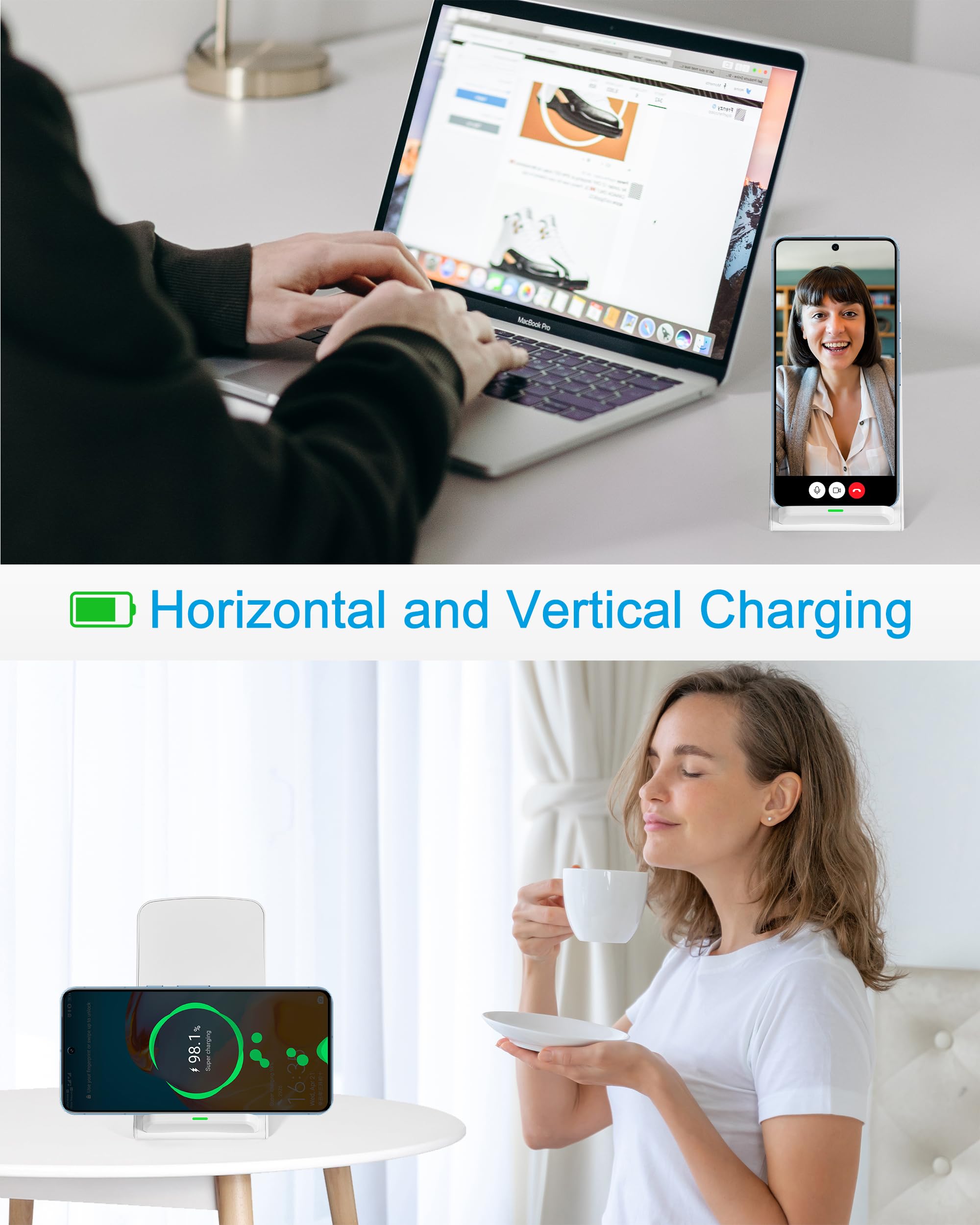 2-Pack 15W Fast Wireless Charger Stand - Qi-Certified Charging Station for iPhone 15/14/13/12/11, Samsung Galaxy S25/S24/S23/S22/Z Flip/Fold, Google Pixel 8/7/6/5 (Black & White) | Bedside, Office, Car Compatible Charging Dock