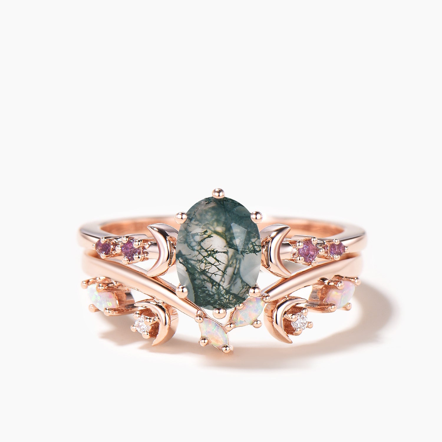 Natural Moss Agate & Amethyst Oval Cut Crescent Moon Ring for Women - Elegant Bridal Jewelry, Wedding Band, Boho Engagement Ring, Spiritual Gift for Her