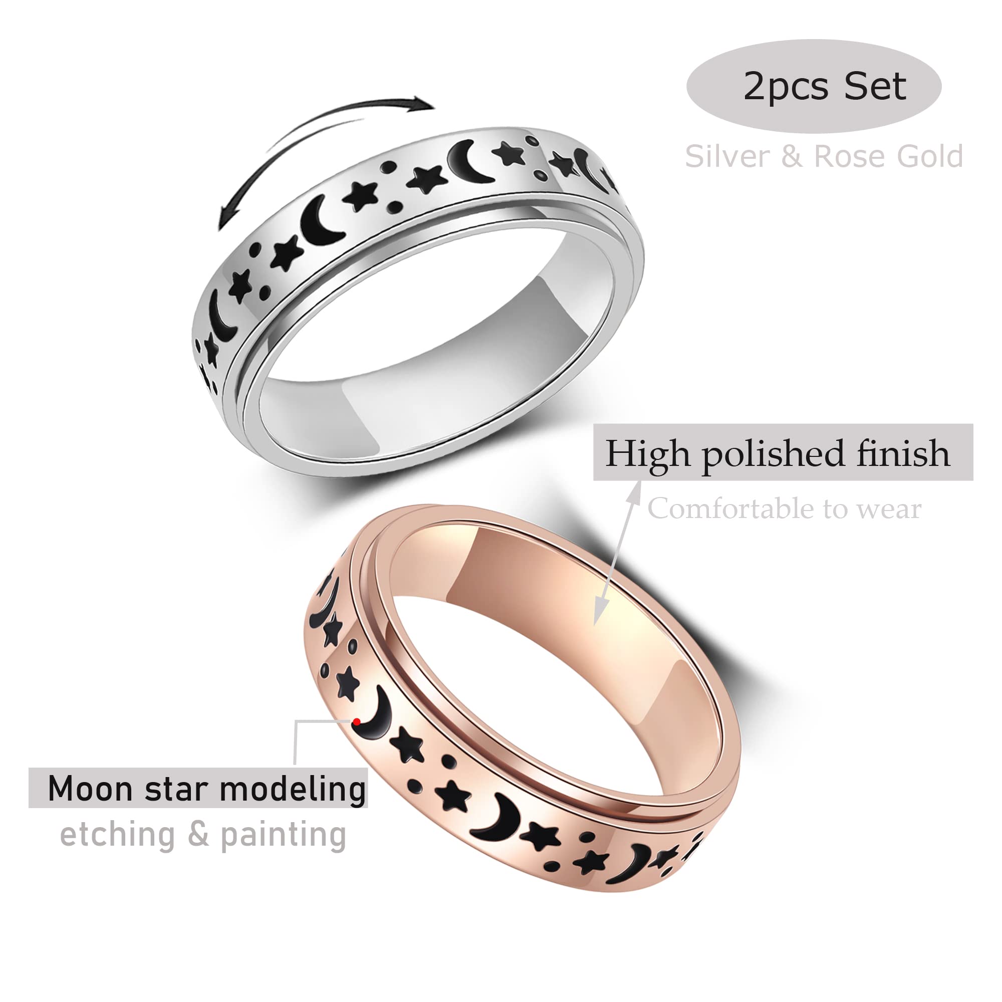 Anxiety Spinner Ring - Stainless Steel Moon Star Jewelry for Stress Relief