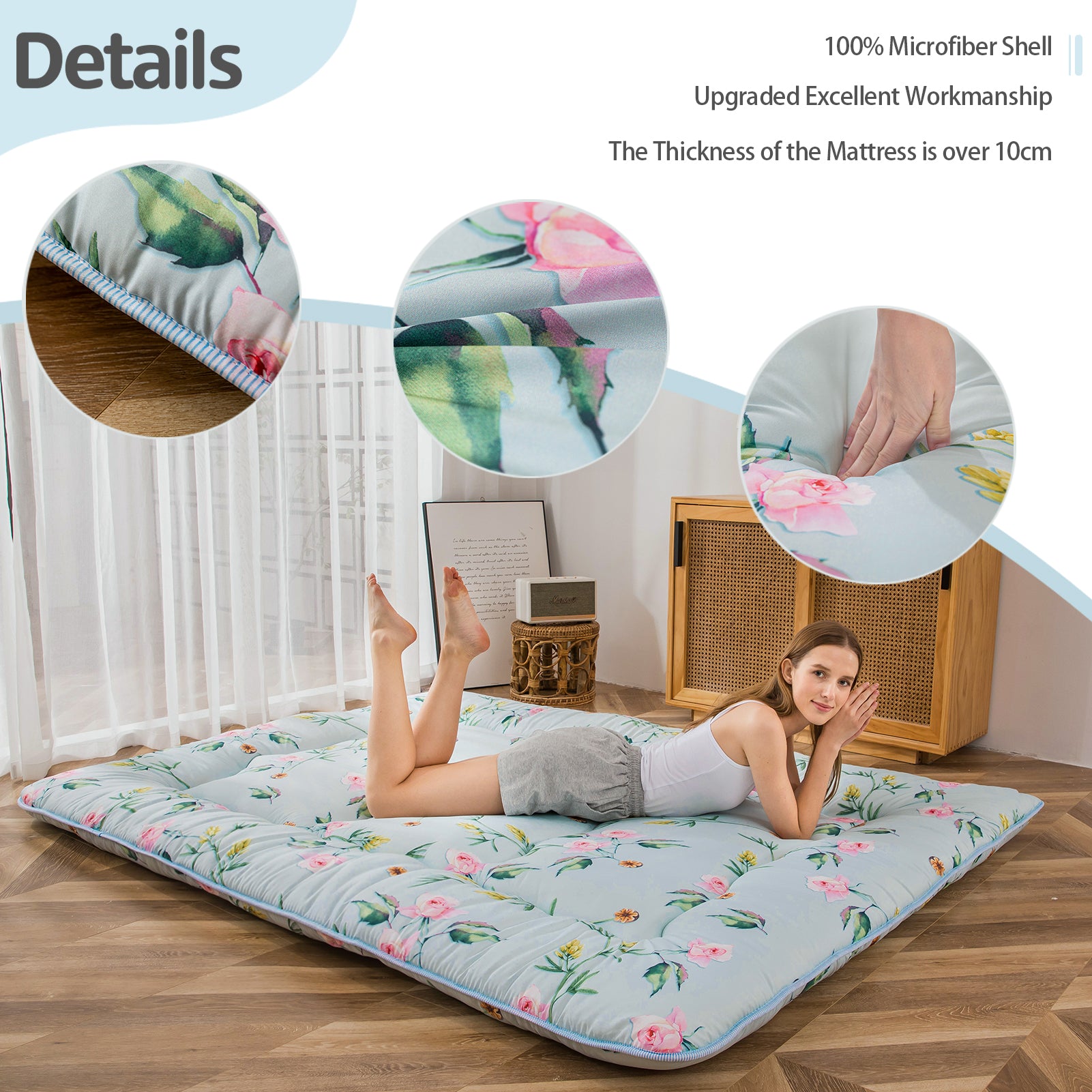 MAXYOYO Floor Mattress - Green Floral Printed Japanese Futon Mattress for Guest Bed, Yoga & Meditation | Foldable Floor Sleeping Pad for Small Spaces