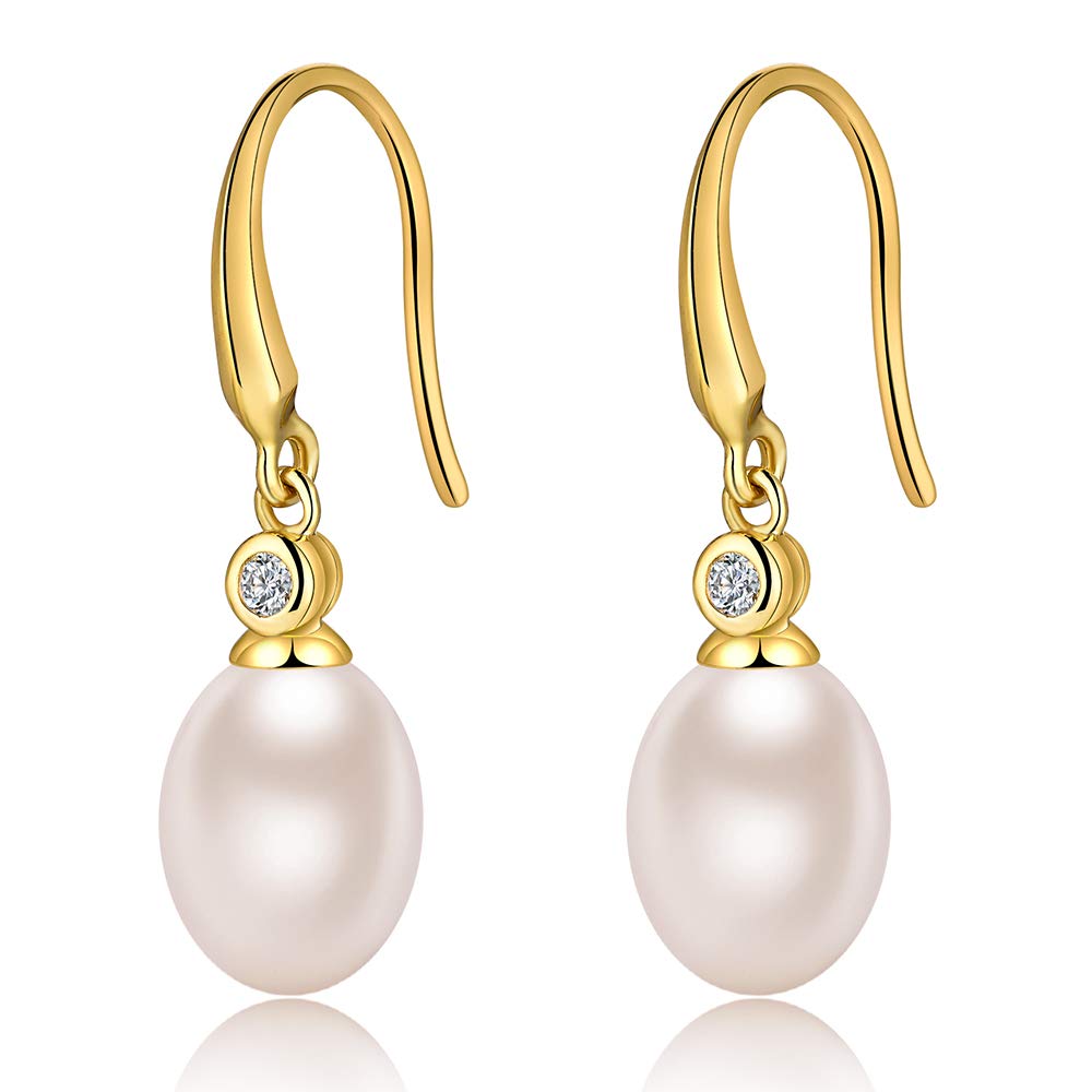 925 Sterling Silver Pearl Dangle Earrings for Women | 8MM-10MM Diamond Accent Pearl Jewelry | Elegant Gift for Birthday, Wedding & Party Occasions