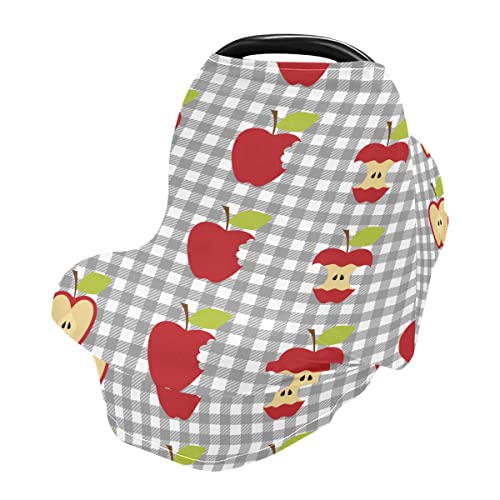 Stylish Apples Checkered Baby Car Seat Cover - 360° Stretch Coverage for Newborns & Infants | Universal Fit for Car Seats, Nursing Poncho, Breastfeeding Scarf & Stroller Canopy | Perfect for Travel, Shopping & Outdoor Adventures