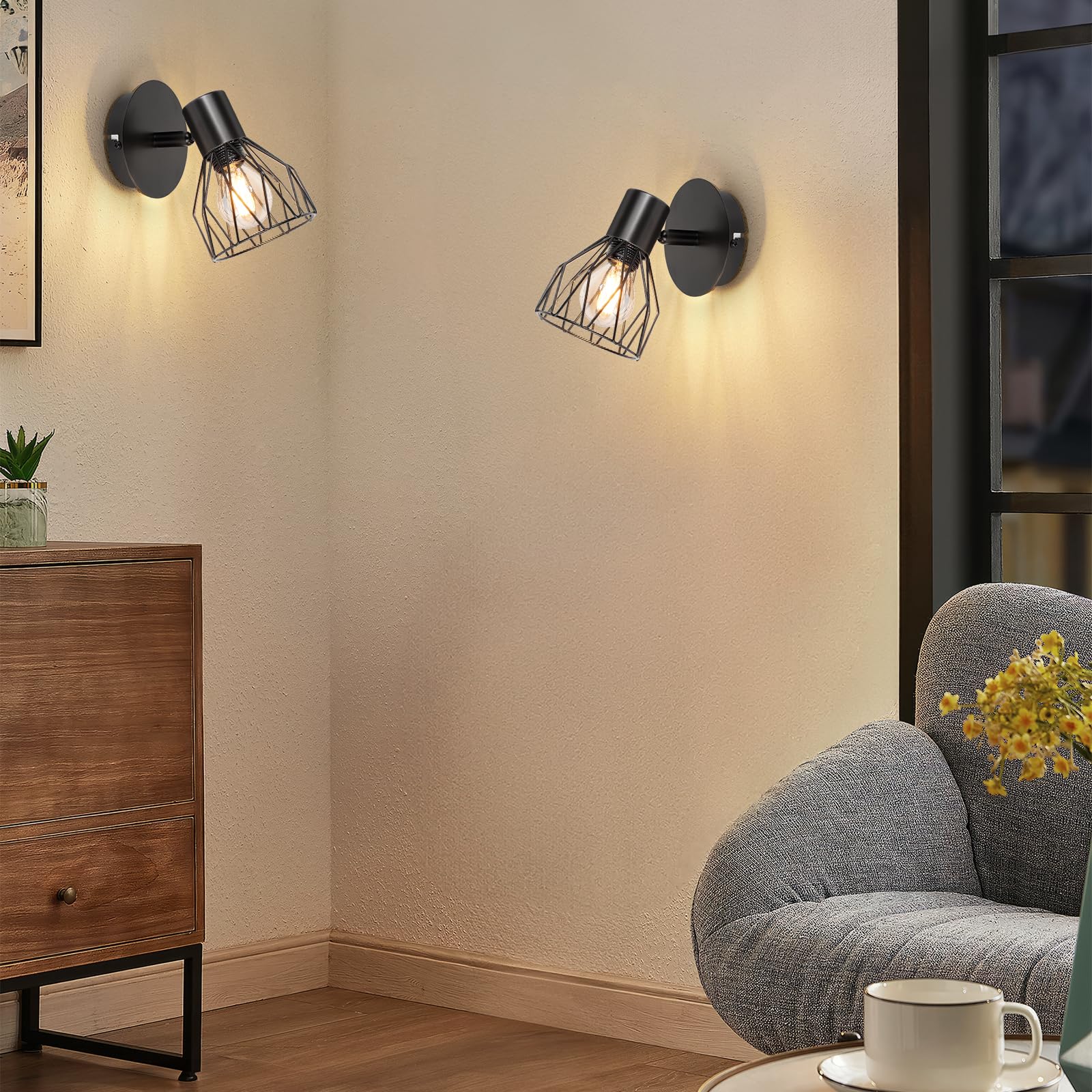 Industrial Wall Lights with E14 Socket - Adjustable Wire Cage Shade, Black Metal Sconce Lighting (2 Pack) - Perfect for Living Room, Bedroom, Hallway & Shop Decor