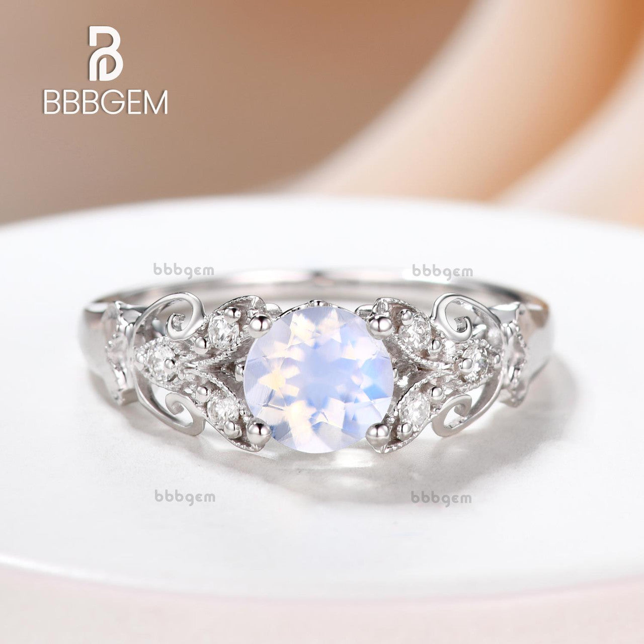Moonstone Engagement Ring for Women - 14K White Gold Floral Eternity Band with Diamonds | Wedding, Anniversary, Promise Ring Gift Idea | Perfect for Proposals, Bridal Jewelry & Special Occasions