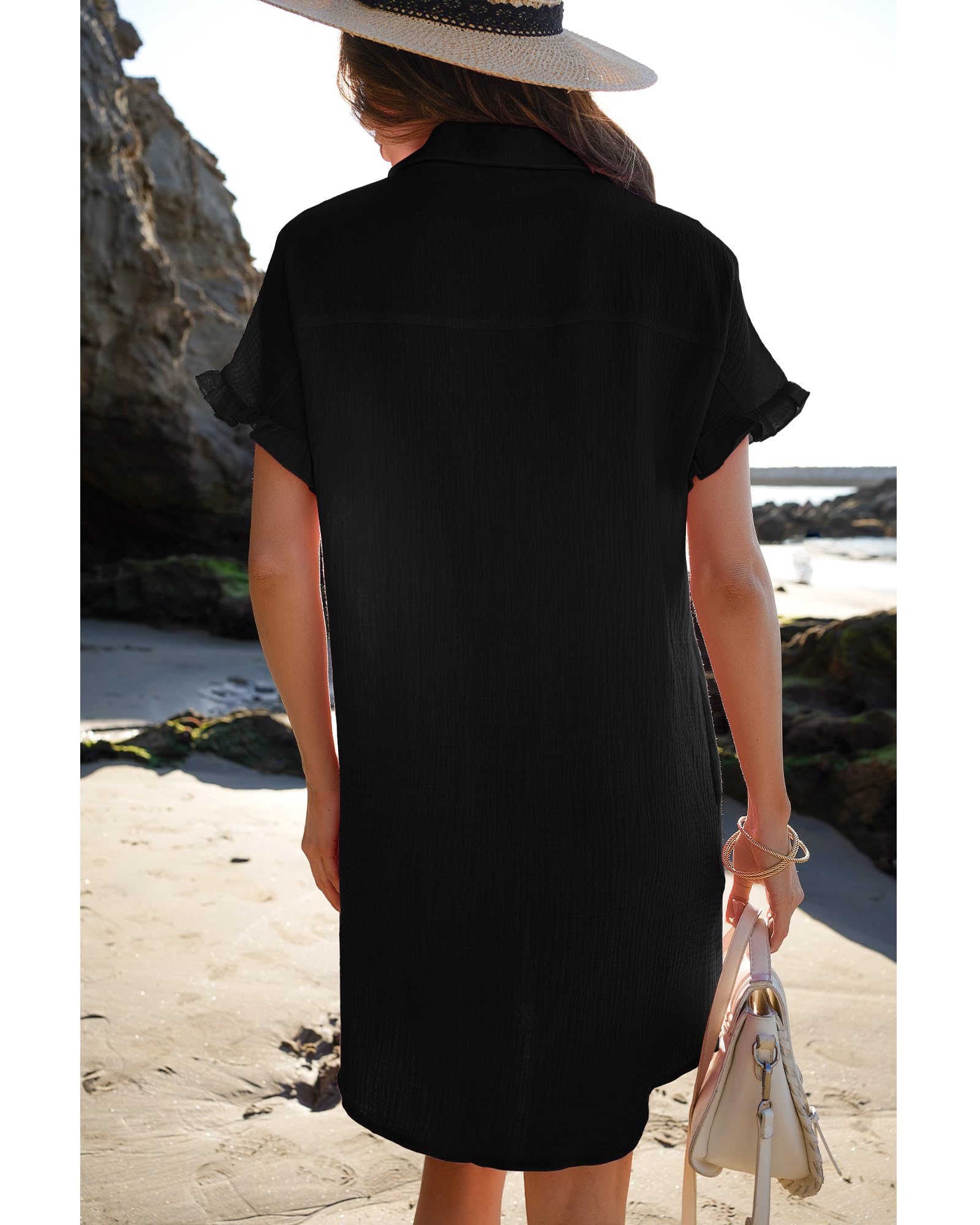 Luvamia Women's Cotton Beach Cover Up Dress - Casual Button Down Shirt Dress with Ruffle Sleeves & Pockets | Summer Swimwear, Vacation Outfit, Poolside Lounge Wear