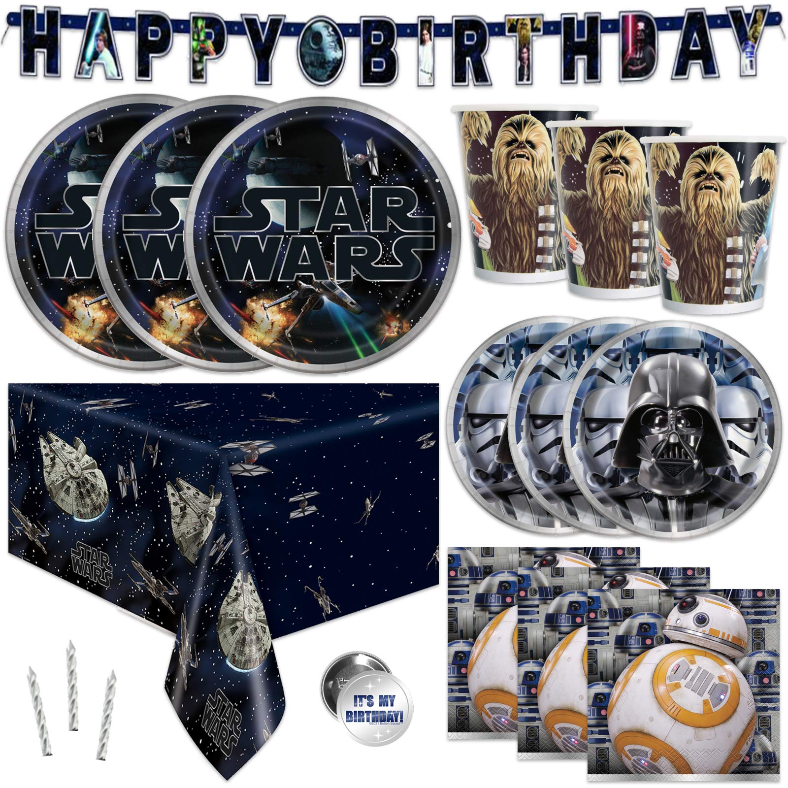 Star Wars Birthday Party Supplies Set for 16 Guests - Table Cover, Banner, Large Dinner Plates, Small Cake Plates, Cups, Napkins & Candles - Perfect for Themed Birthday Parties, Baby Showers & Movie Nights
