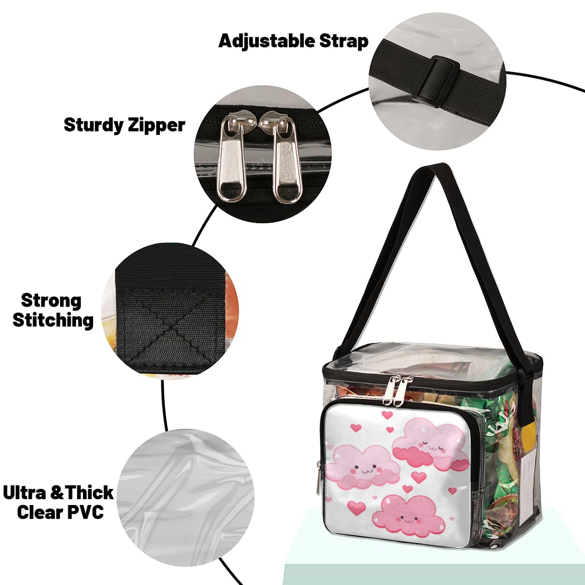 GzLeyigou Cute Pink Clouds Clear Tote Bag with Handles - Transparent Crossbody Shoulder Bag for Lunch, Outdoor, Travel, Picnic - Perfect for Concerts, Sports Events & Stadium Approved (Stadium-Friendly Clear Purse for Women & Girls)