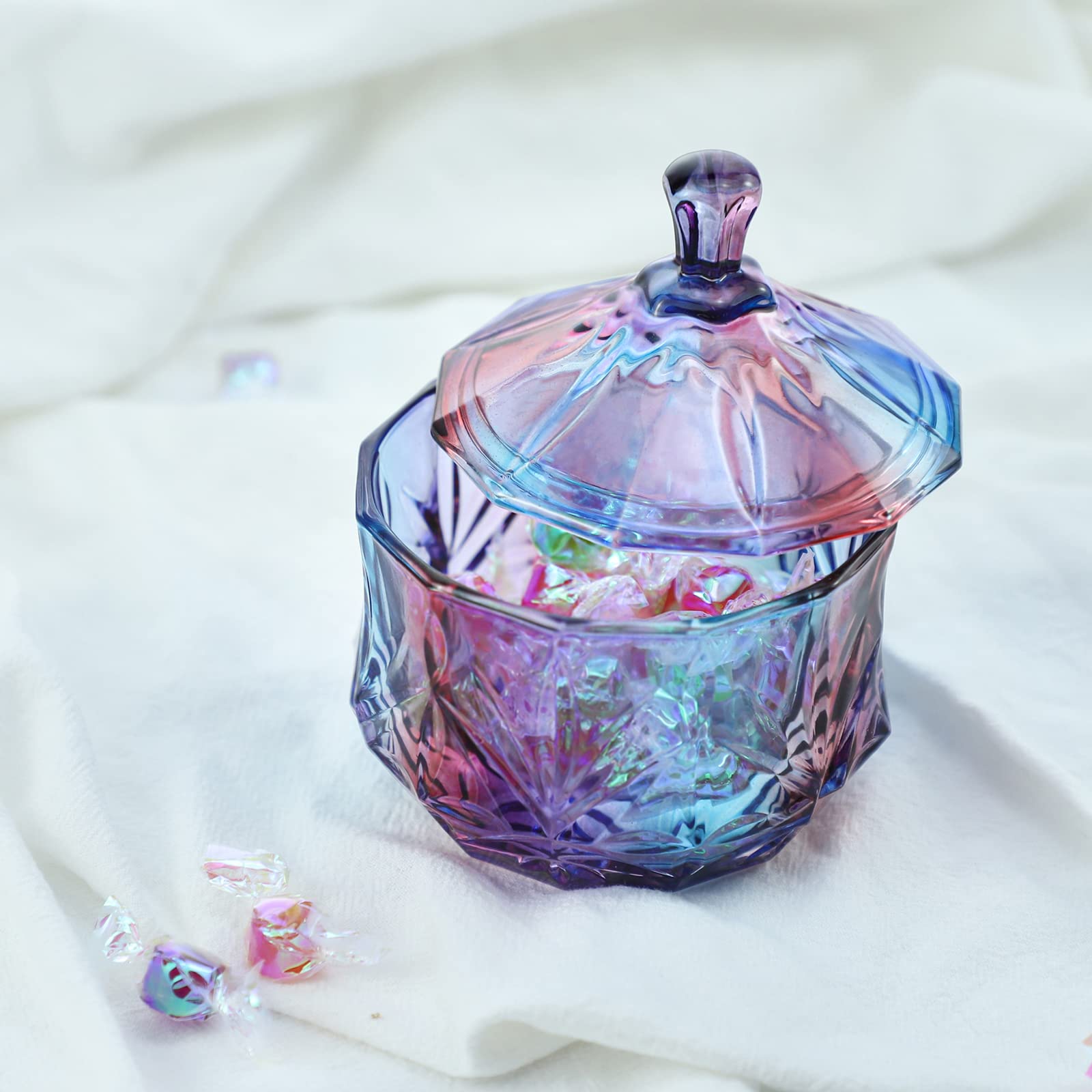 Royal Embossed Clear Glass Apothecary Jar with Lid - 7oz Decorative Candy, Jewelry & Food Storage Container for Weddings, Buffets & Home Decor (Leaves & Purple Design) - Perfect for Candy Displays, Bathroom Organizers & Kitchen Pantry Storage