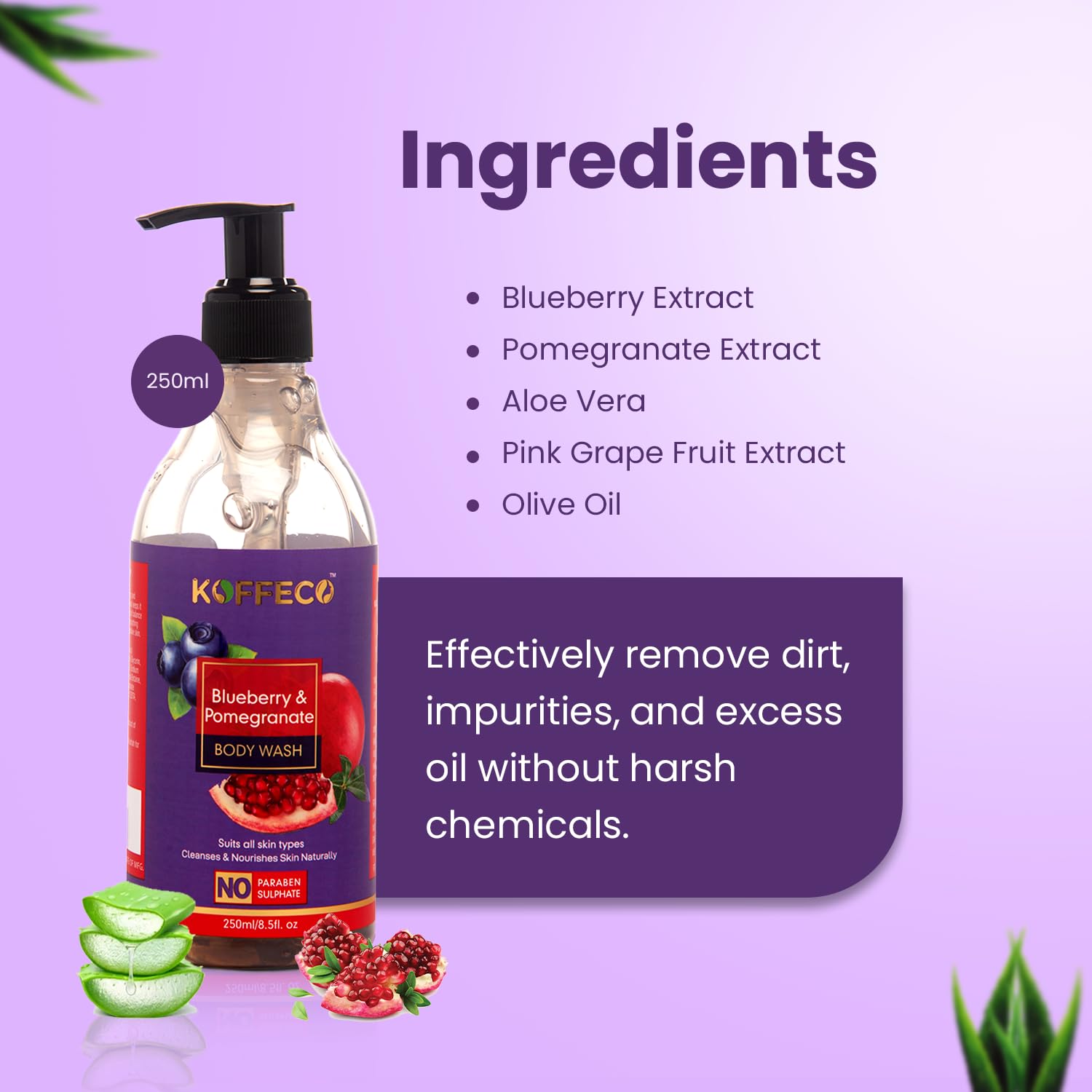 Koffeco 250 ML Blueberry Pomegranate Natural Shower Gel & Body Wash - Moisturizing for Soft, Smooth Skin - All Skin Types - Men & Women - Perfect for Daily Shower & Relaxing Bath Time