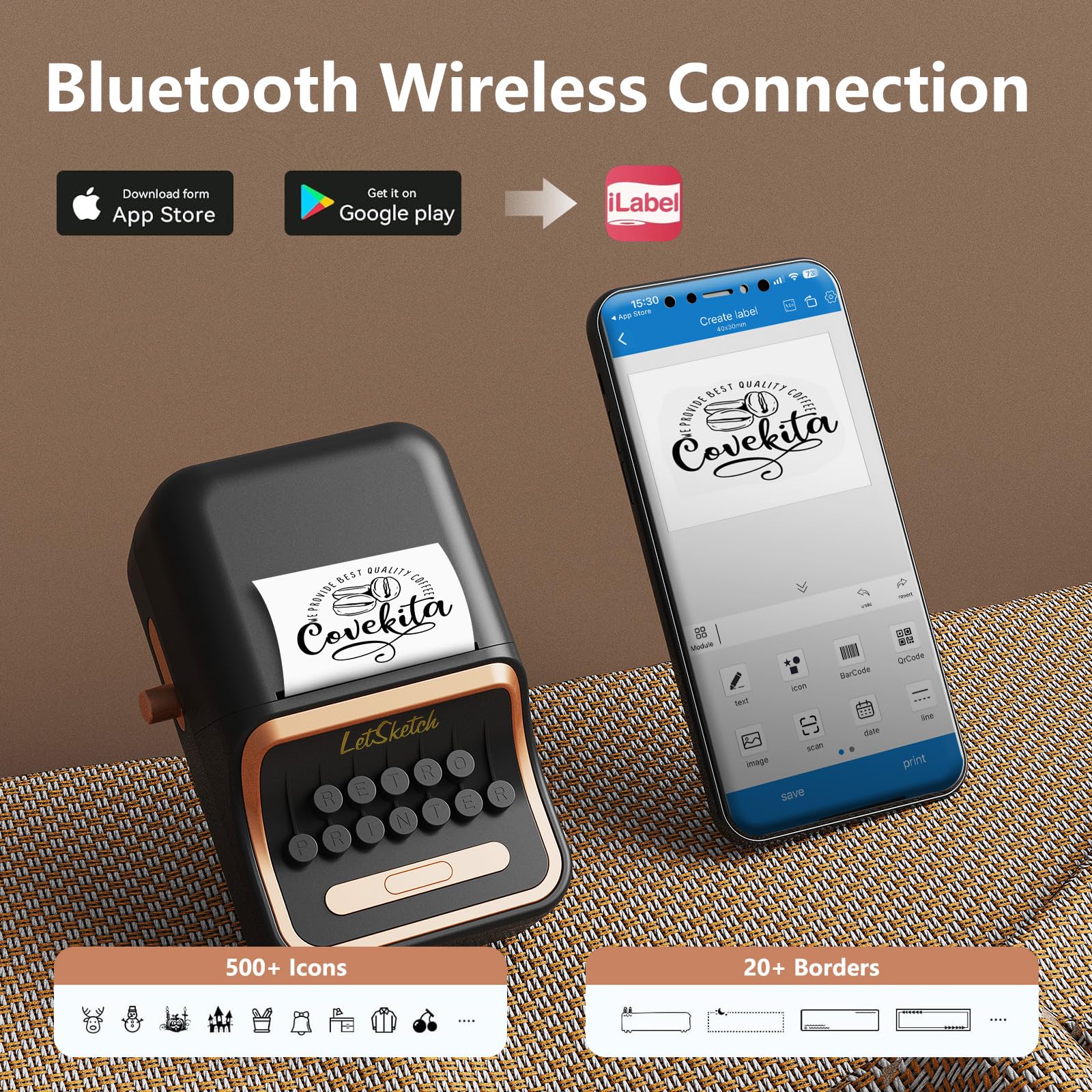 Wireless Mini Retro Label Maker Machine with Tape - Bluetooth Portable Thermal Sticker Printer for Phone, Small Business, Address, Logo, QR Code, Food, Home & Kitchen (50×30mm Labels, Black) | Perfect for Organizing, Gift Wrapping & Product Labeling