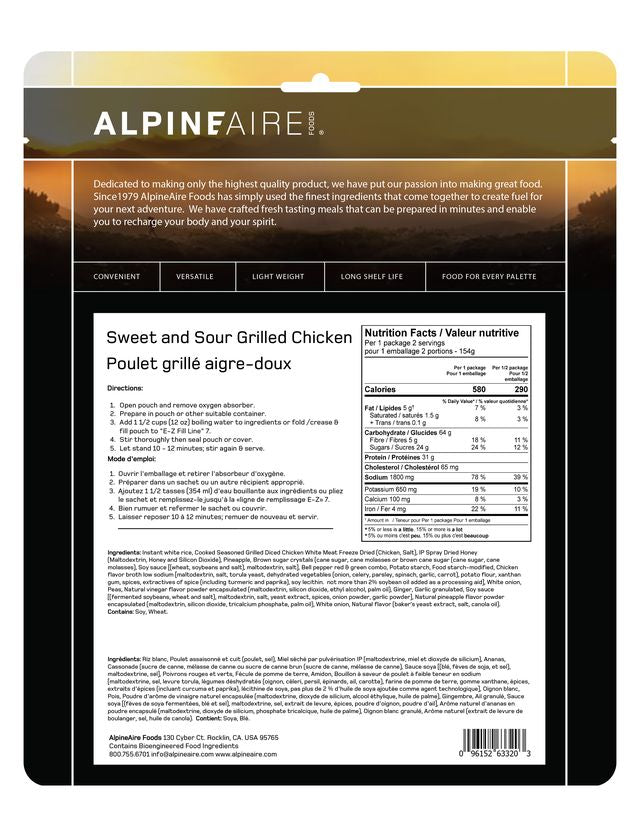 AlpineAire Sweet and Sour Grilled Chicken - Freeze Dried Backpacking & Camping Food - Lightweight Emergency Meal for Hiking, Survival & Outdoor Adventures