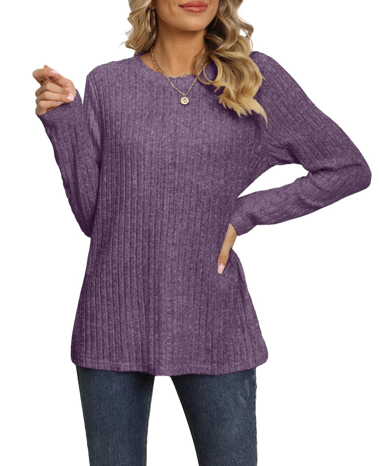Women's Long Sleeve Crew Neck Tunic Top - Lightweight Solid Color Casual Pullover Shirt for Everyday Wear, Office & Outings