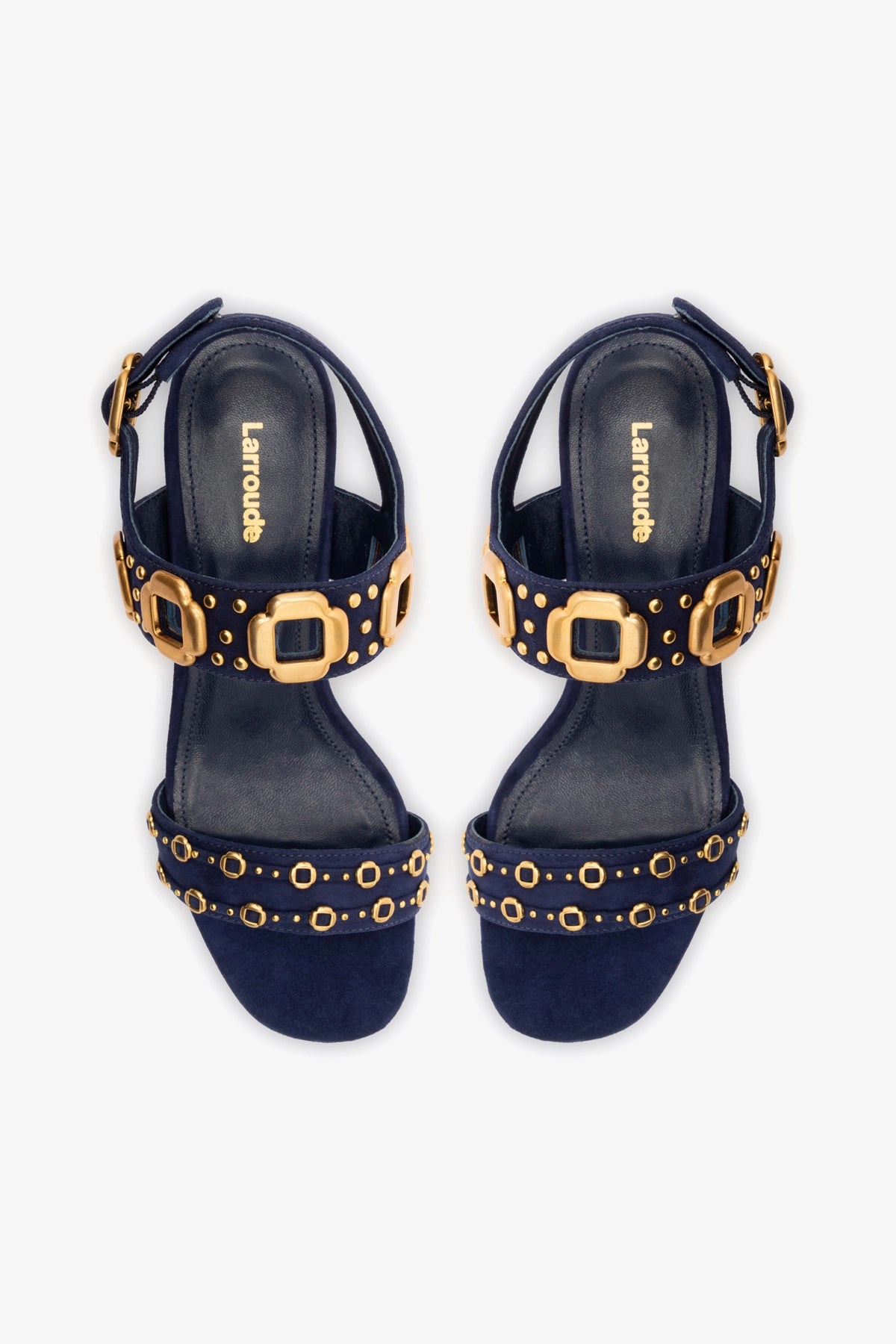 Milan Studs Block Heel Sandals for Women - Navy Blue Suede Shoes | Comfortable & Stylish for Casual Outings, Parties & Office Wear
