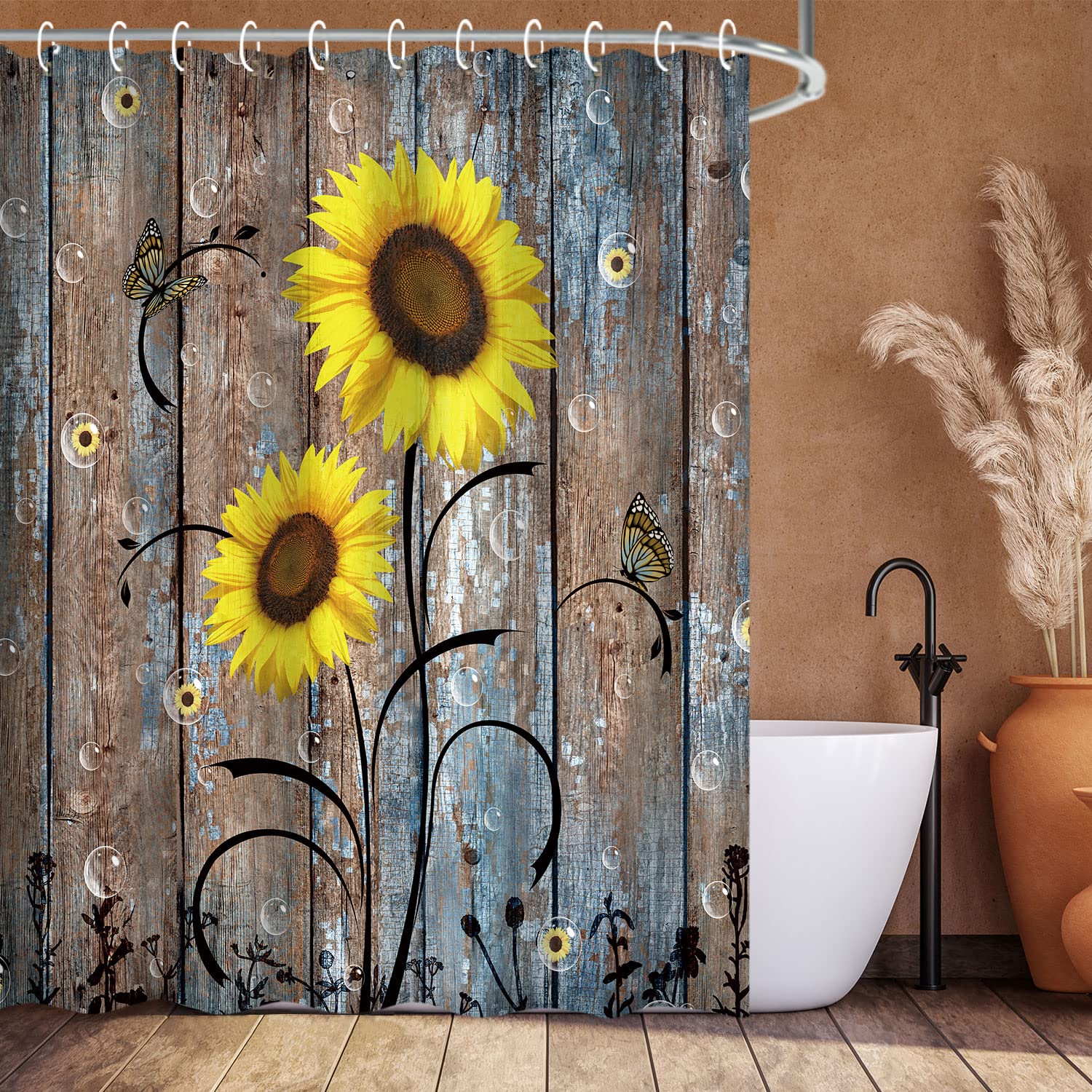 RosieLily Sunflower Shower Curtain - Rustic Yellow Floral Farmhouse Bathroom Decor, 72x72 Inch Waterproof Fabric Shower Curtain with Hooks | Perfect for Fall/Autumn Country Style, Western & Farmhouse Bathrooms