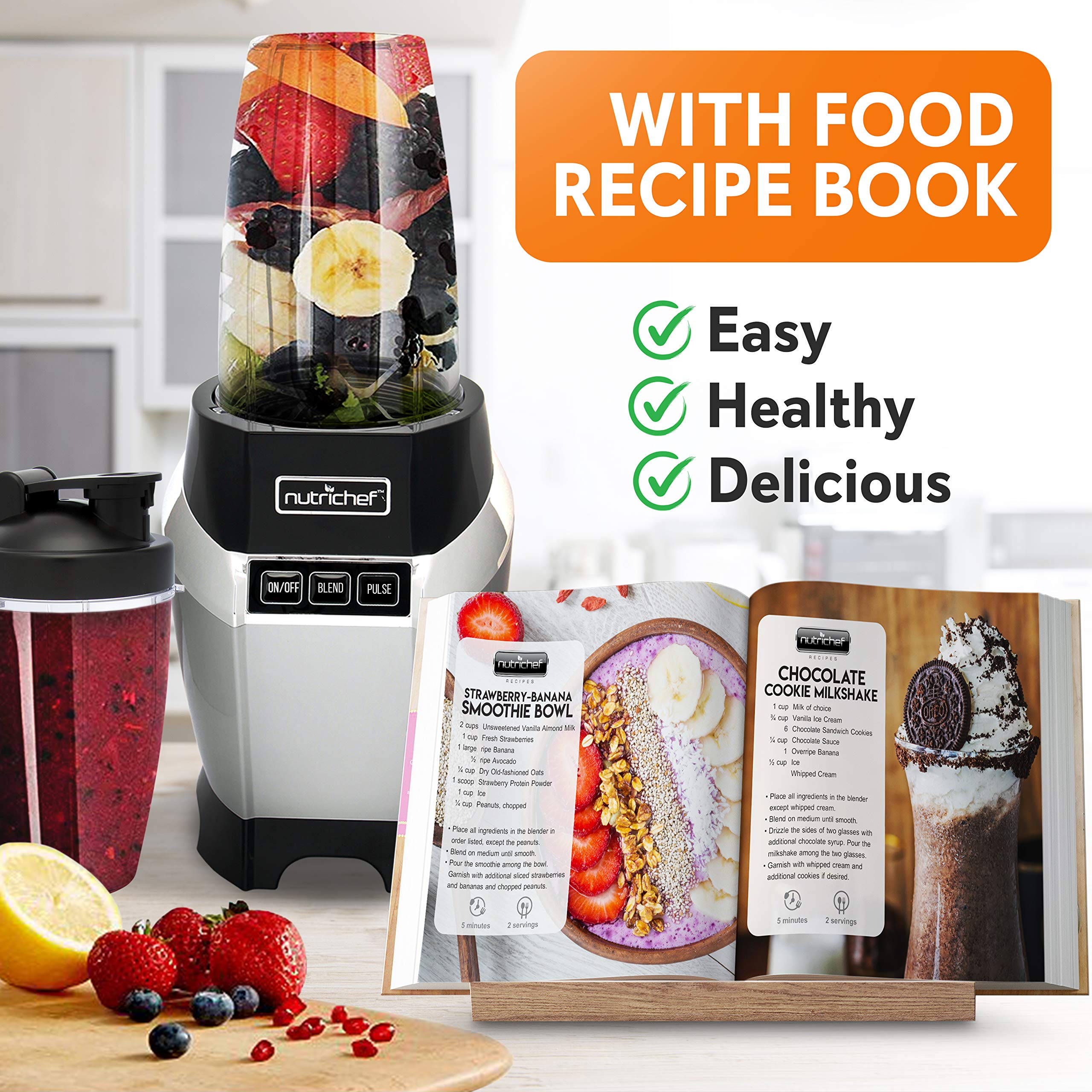NutriChef NCBL1000.5 Personal Electric Blender - 20 & 24 Oz Portable Single Serve Mini Blender for Smoothies, Shakes & Protein Drinks | Pulse Function, Leak-Proof Lid | Compact Countertop Blender for Kitchen, Office & Travel