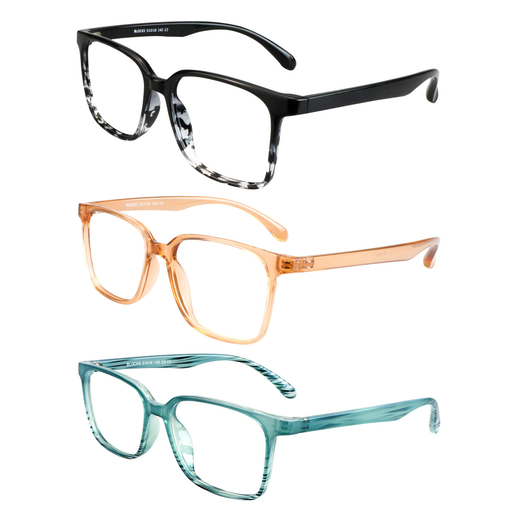 Blue Light Blocking Glasses 3 Pack - Square Frame Computer & Gaming Glasses for Men & Women - Anti Eyestrain, UV Protection - Perfect for Office Work, Online Classes & Nighttime Screen Use