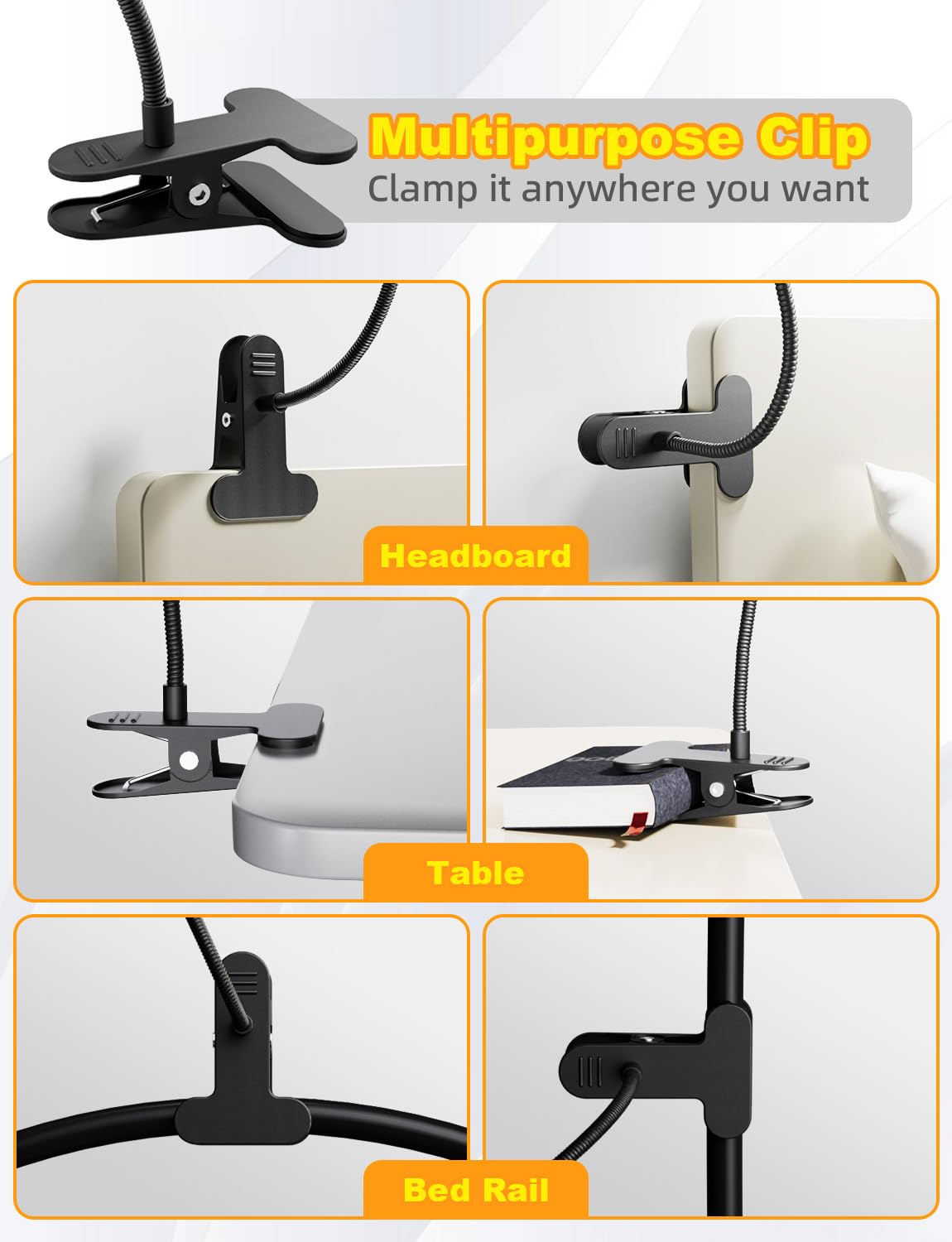 2-in-1 Clamp Desk Lamp with 10W Adjustable Gooseneck - RGB Color Changing & Warm White LED Light for Reading, Studying, Night Light - Perfect for Bed Headboard, Computer Desk, Office and Dorm Room (Black)