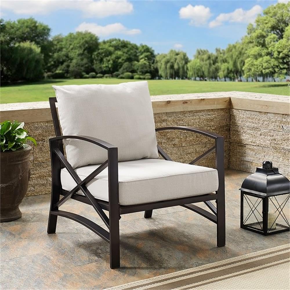 Oil Rubbed Bronze Metal and Oatmeal Fabric Patio Arm Chair - Outdoor Lounge Seating for Garden, Deck, and Poolside Relaxation