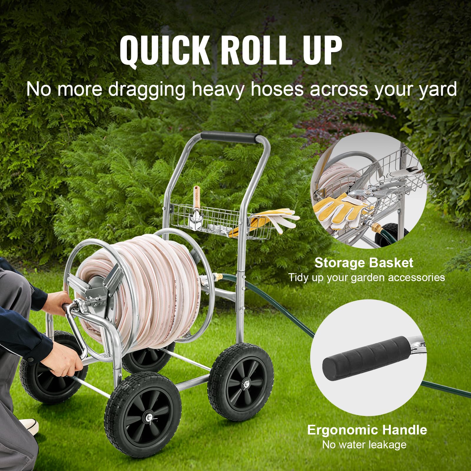 VEVOR Heavy Duty 300 ft Hose Reel Cart with 4 Wheels & Storage Basket - 5/8