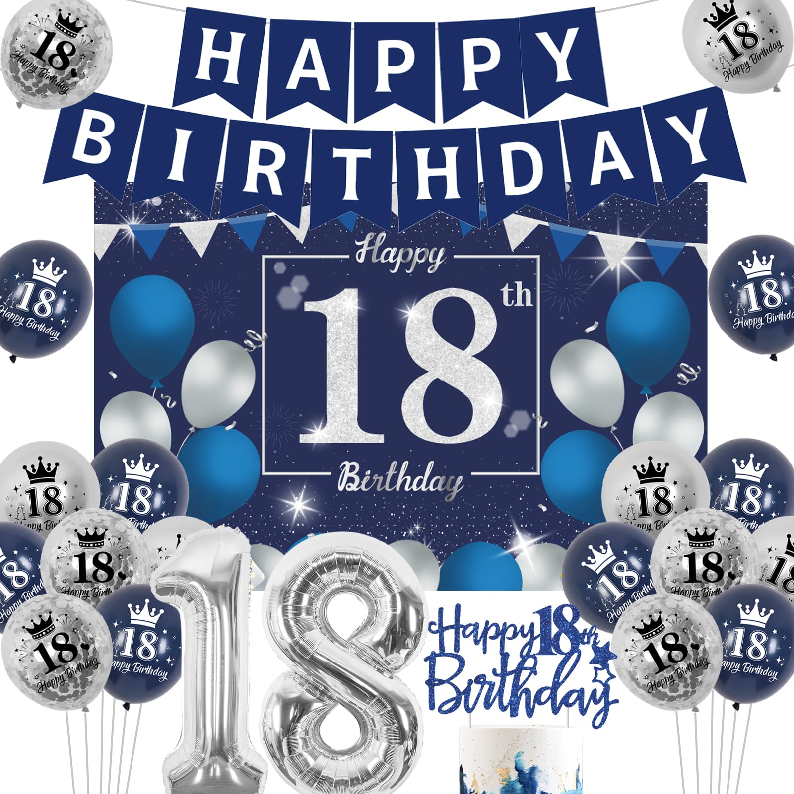 Navy Blue & Silver 18th Birthday Party Decorations Set - 18 Balloon, Banner & Party Supplies for Boys | Perfect for 18 Years Old Birthday Celebrations & Milestone Parties