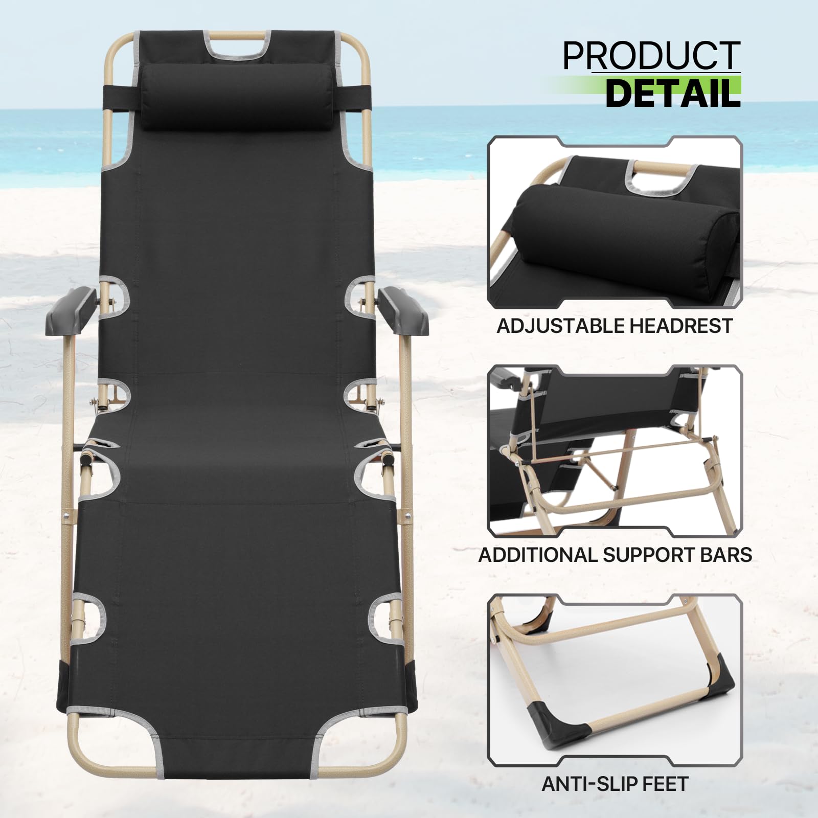 Magshion Patio Folding Lounge Chairs - Portable Outdoor Recliners with Adjustable Headrest & Anti-Slip Feet - 300 lbs Capacity Lawn Chairs for Deck, Beach, Yard, Poolside & Garden Relaxation (Black)