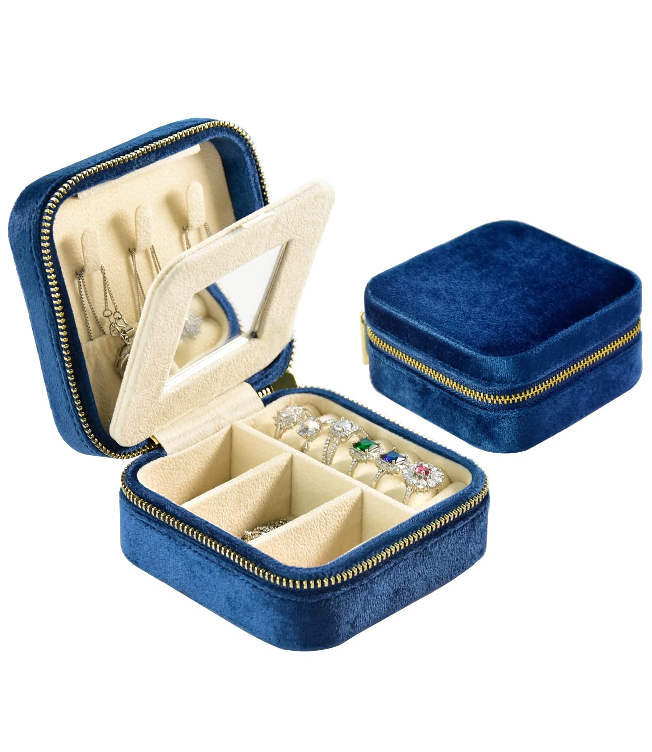 TAIMY Plush Velvet Travel Jewelry Box Organizer - Portable Mini Jewelry Case for Rings, Earrings, Necklaces & Bracelets with Mirror (Navy Blue) | Perfect for Vacation, Business Trips & Daily Storage