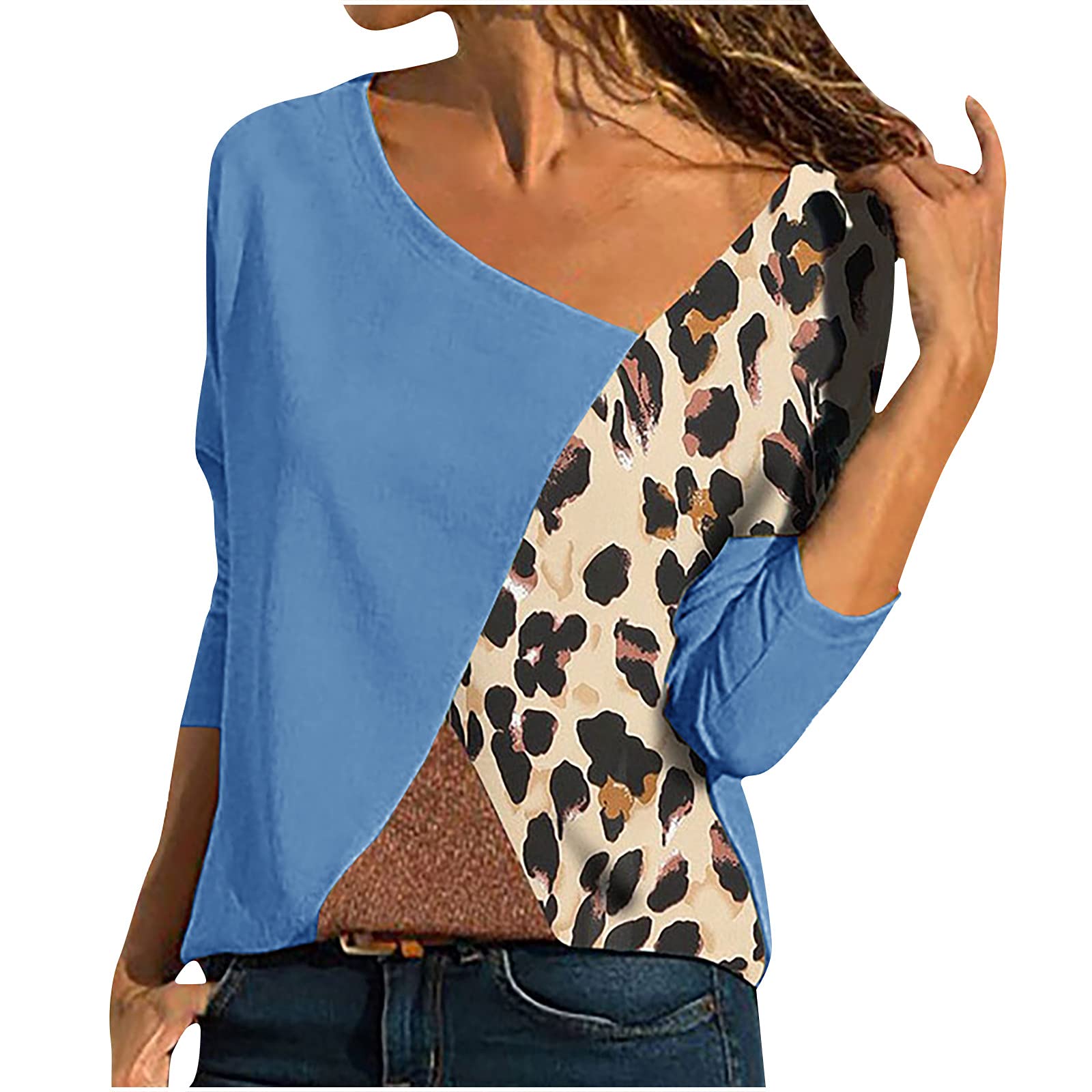 Women's V-Neck Long Sleeve T-Shirt - Leopard Print Patchwork Color Block Casual Tee Top for Everyday Wear & Street Style Outfits